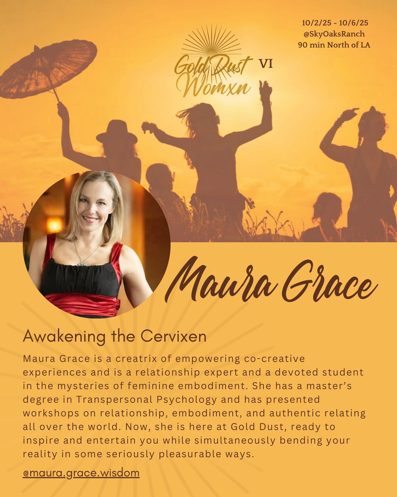 ✨ Step into your Divine Feminine ✨

@maura.grace.wisdom is bringing her powerful workshop to us this year. She will connect, unlock and embrace the potent seductress that already lives within you.

Are you ready?

🎟 Tickets at [link in bio]

#GoldDu