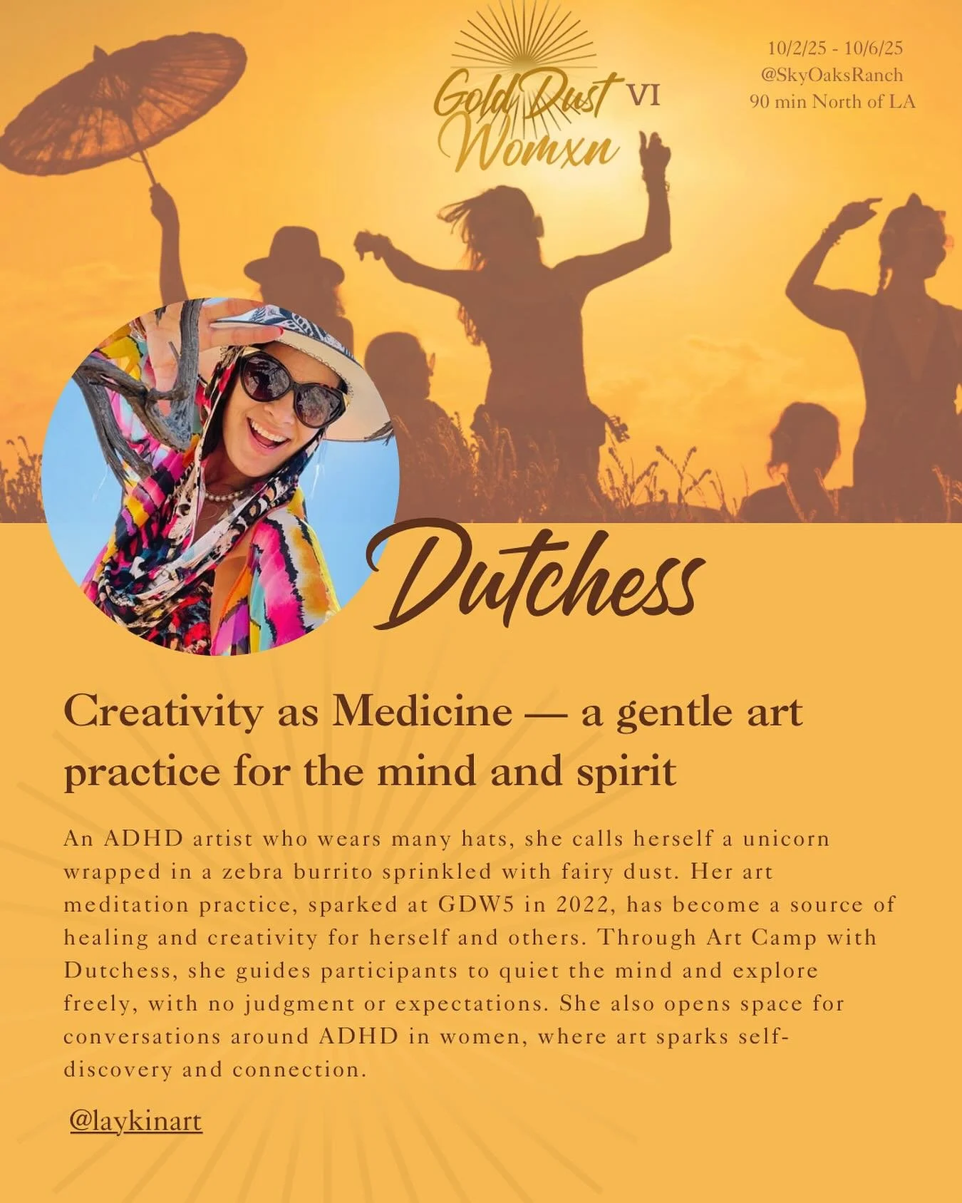 If you&rsquo;ve met her, you know the vibe @cerraeh creates with her style and art. Inspired by an art workshop at GDW5, she&rsquo;s now bringing her own magic to the circle. This year, she&rsquo;s guiding us through Creativity as Medicine, a freefor