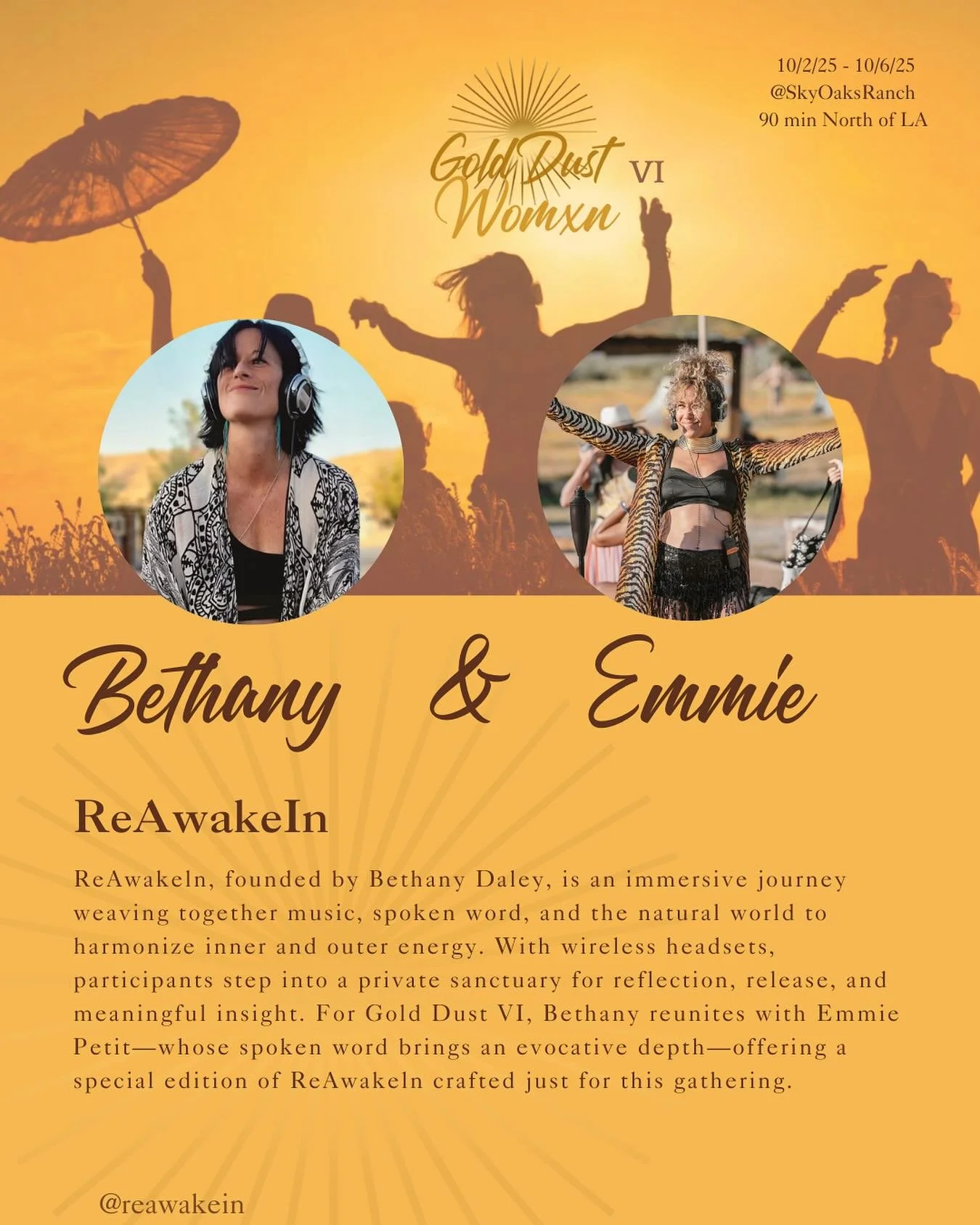 Back by popular demand is @reawakein ✨🎧🎤

This immersive experience centers us, connects us, and reminds us of our sacred bond with Mother Nature.

Designed specifically for Gold Dust VI, together we will dance into the sunset. 

#GoldDustWomxn #GD