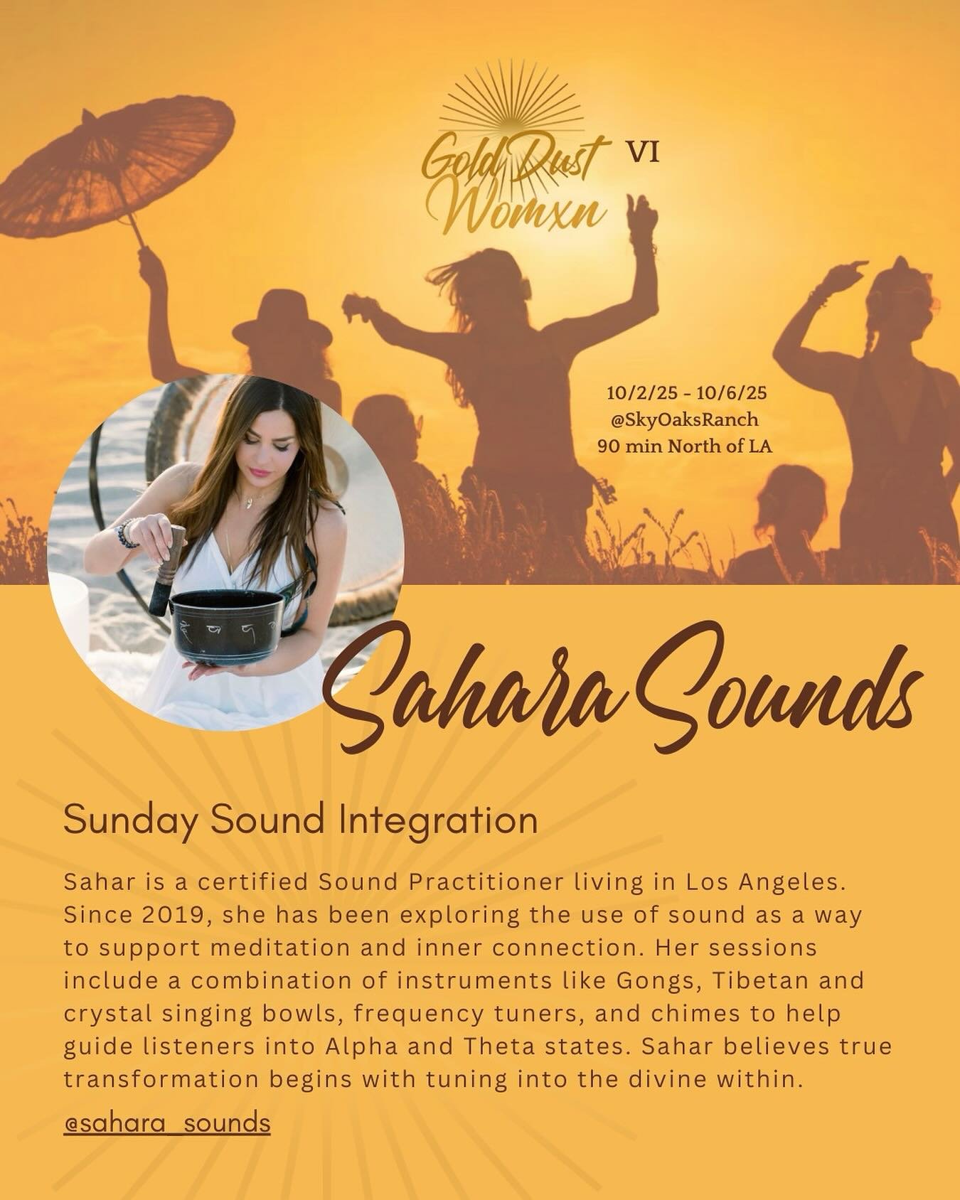 ✨ Sound Integration✨
We close our weekend together with our OG @sahara_sounds 💛 A collective moment to ground, breathe, and gently ease back into the world outside the Gold Dust bubble we&rsquo;ve created. 🌙🎶

We have a couple of tickets left! 

#