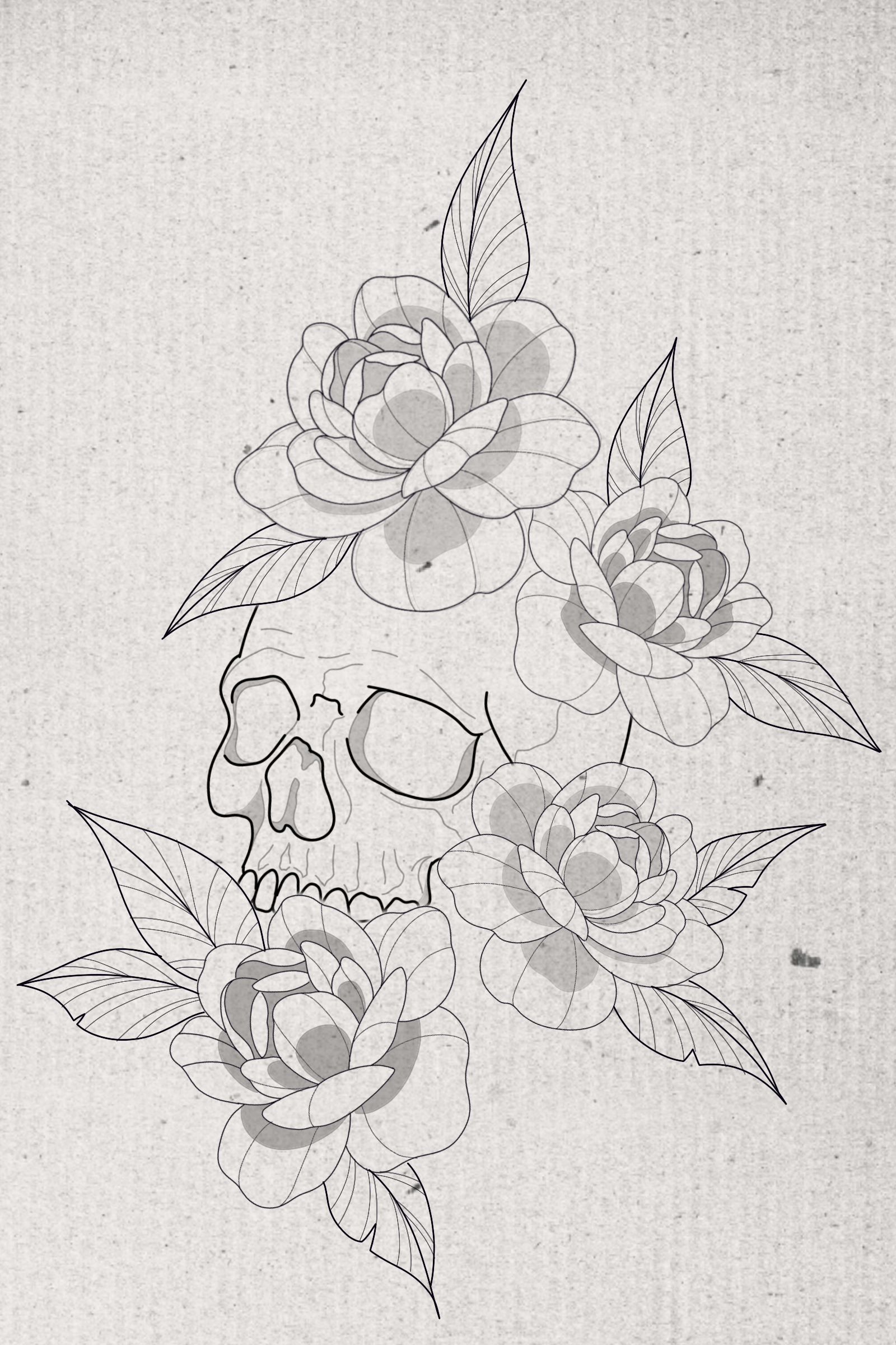 Skull and flowers line art, floral design with roses and leaves surrounding the skull on a textured background.