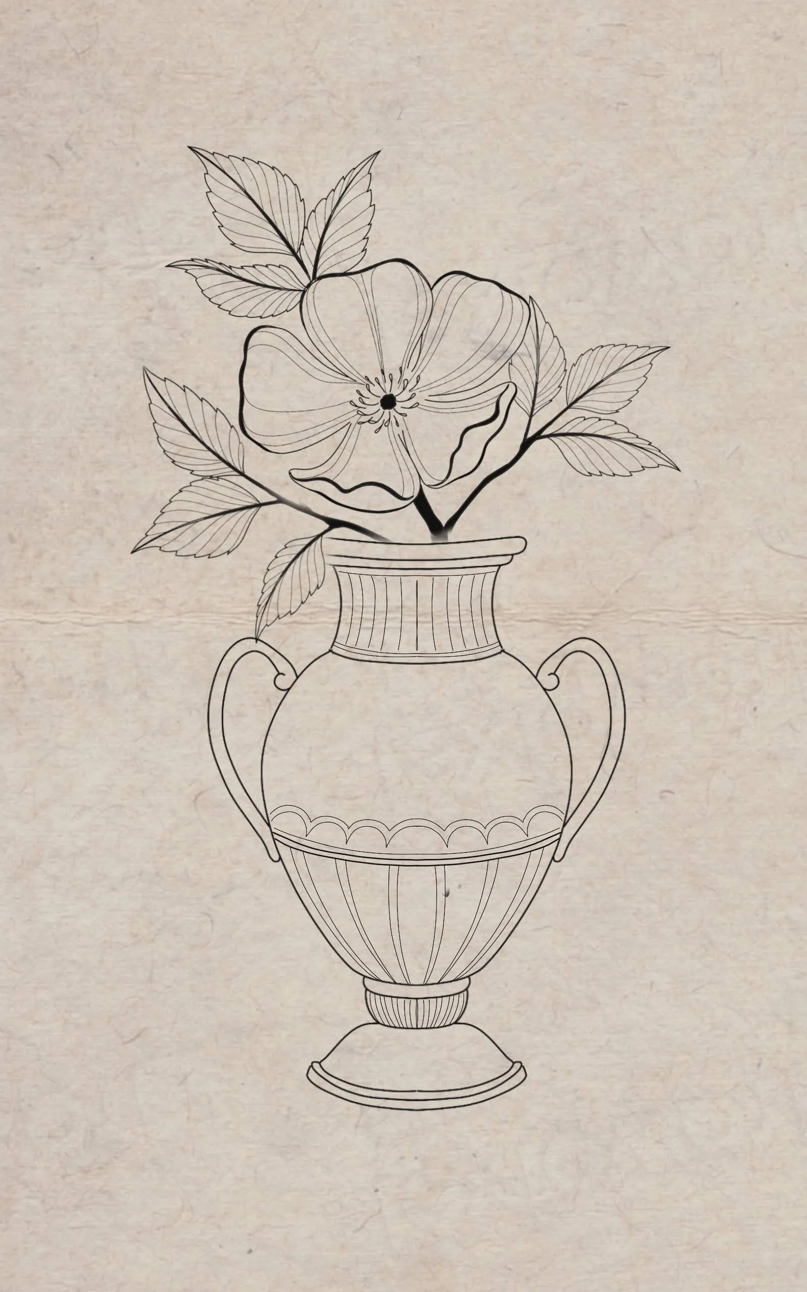 Line drawing of a flower with large petals and leaves in a decorative vase against a textured background.