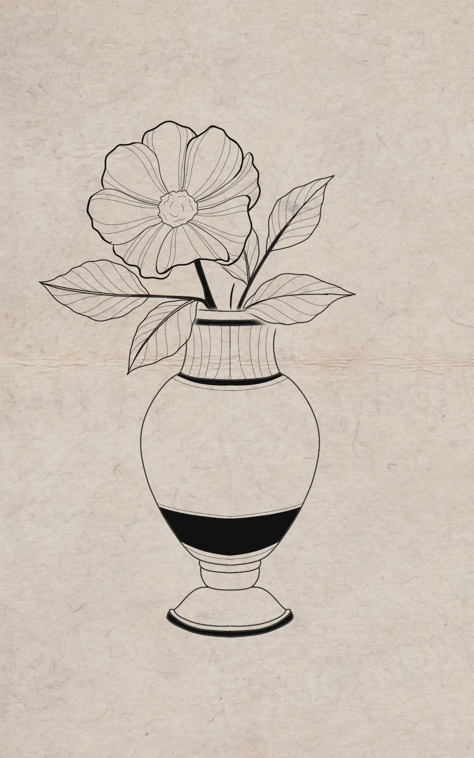Line drawing of a flower with leaves in a vase against a beige textured background.