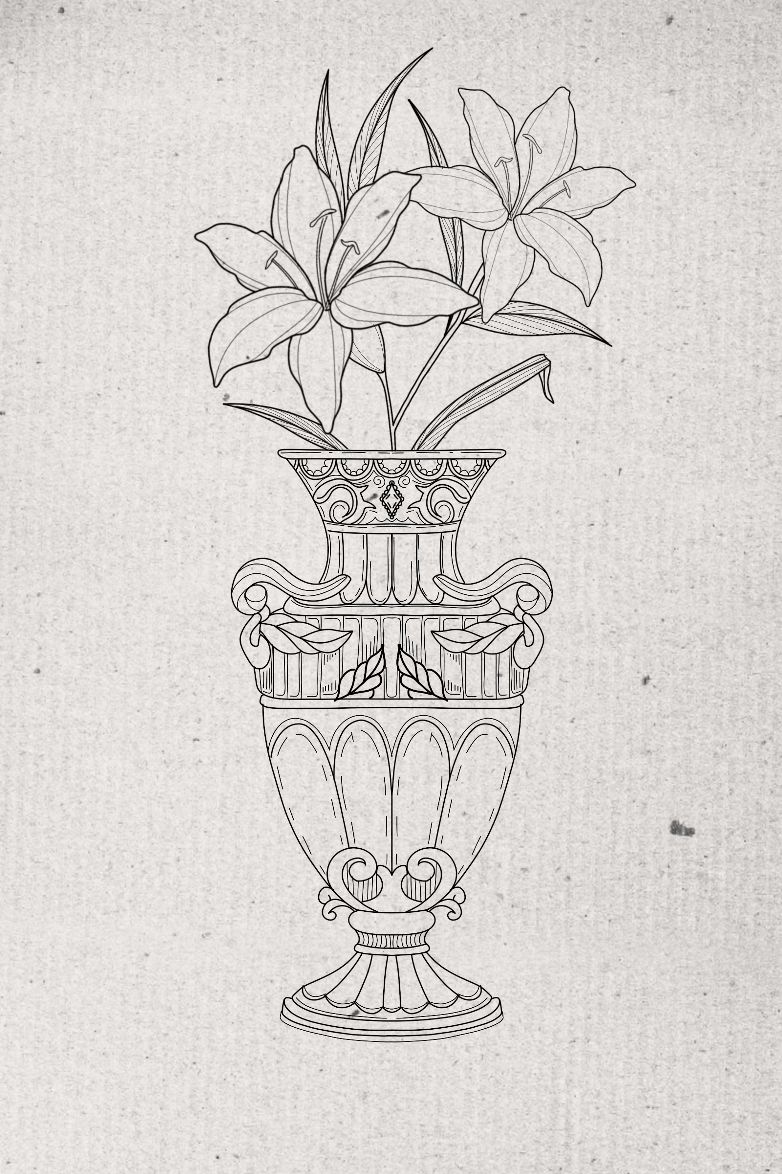 Illustration of an ornate vase with two blooming lilies and leaves