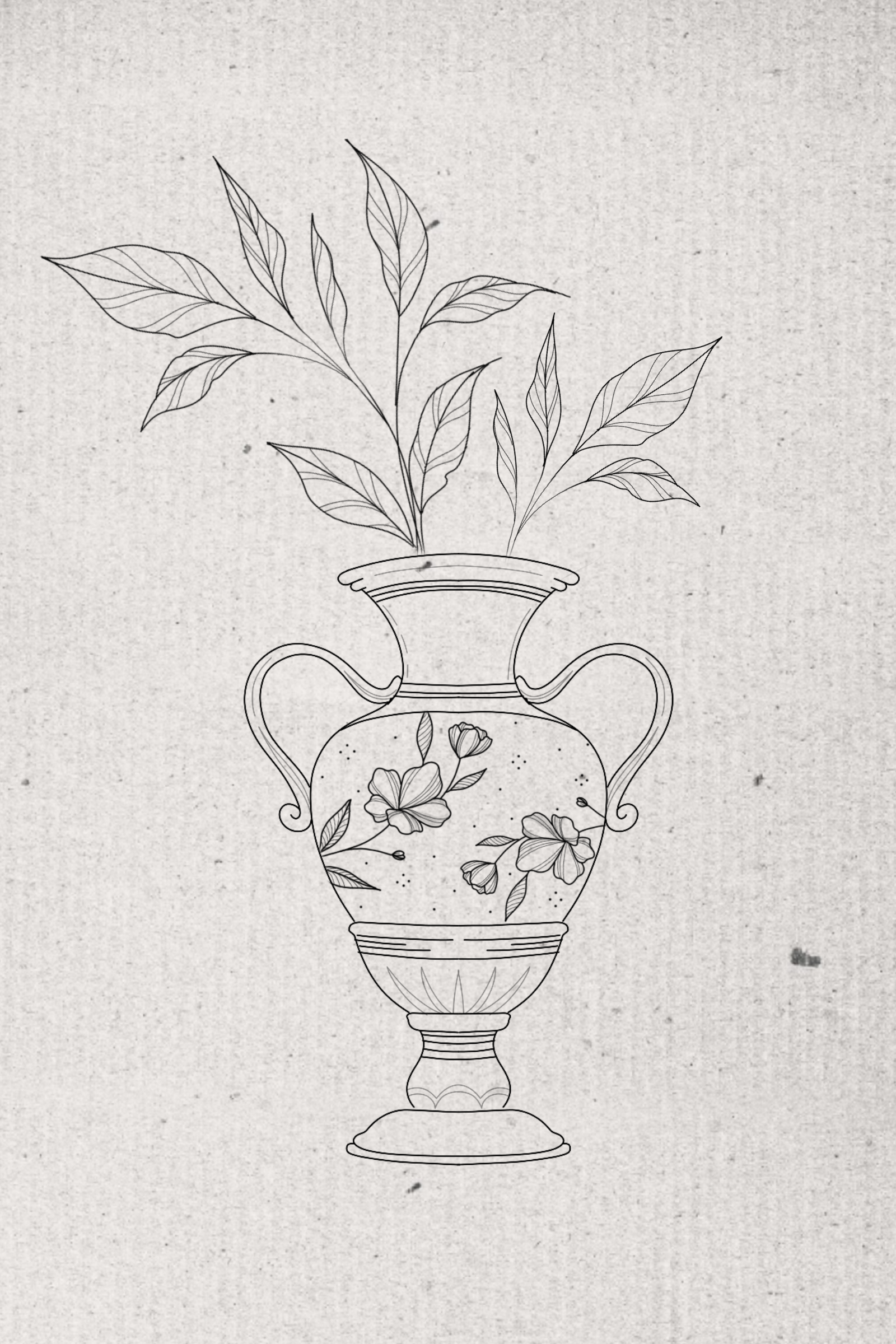 Line drawing of a decorative vase with floral patterns and leaves
