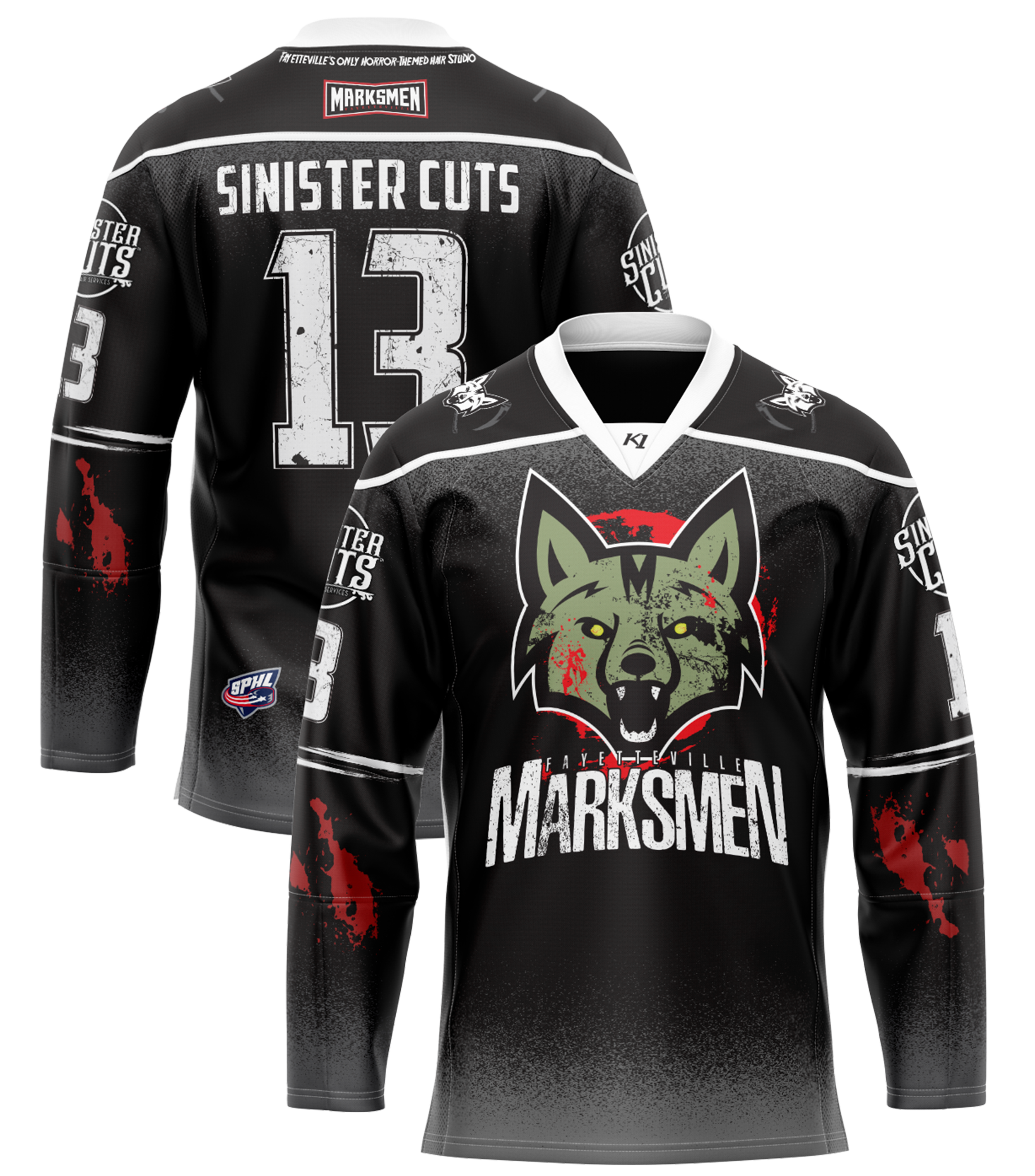 Black hockey jersey with a graphic wolf face logo on the front, red blood splatters on the sleeves, and the text "Sinister Cuts" and "MARKSMEN" on the back.
