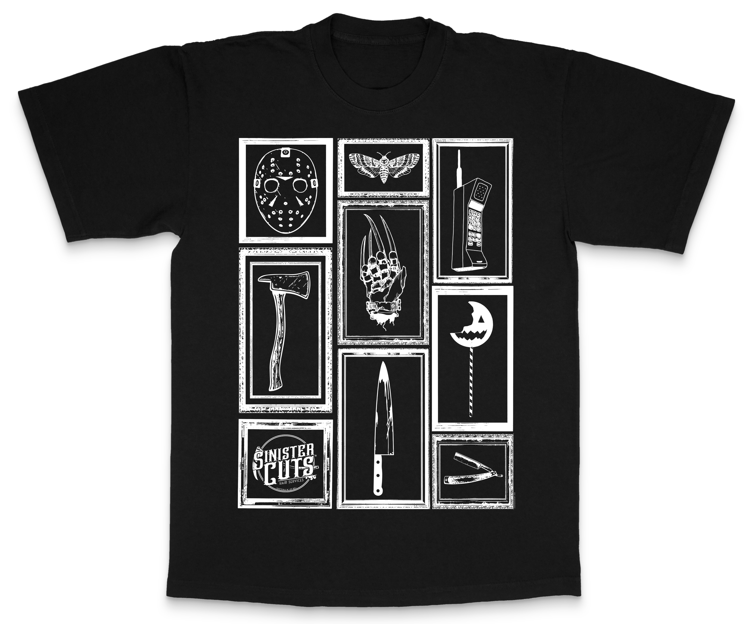 Black T-shirt with white graphic designs and text, including a mask, moth, vintage phone, axe, claw, moon, axe, and branding that says 'Sister Spark.'