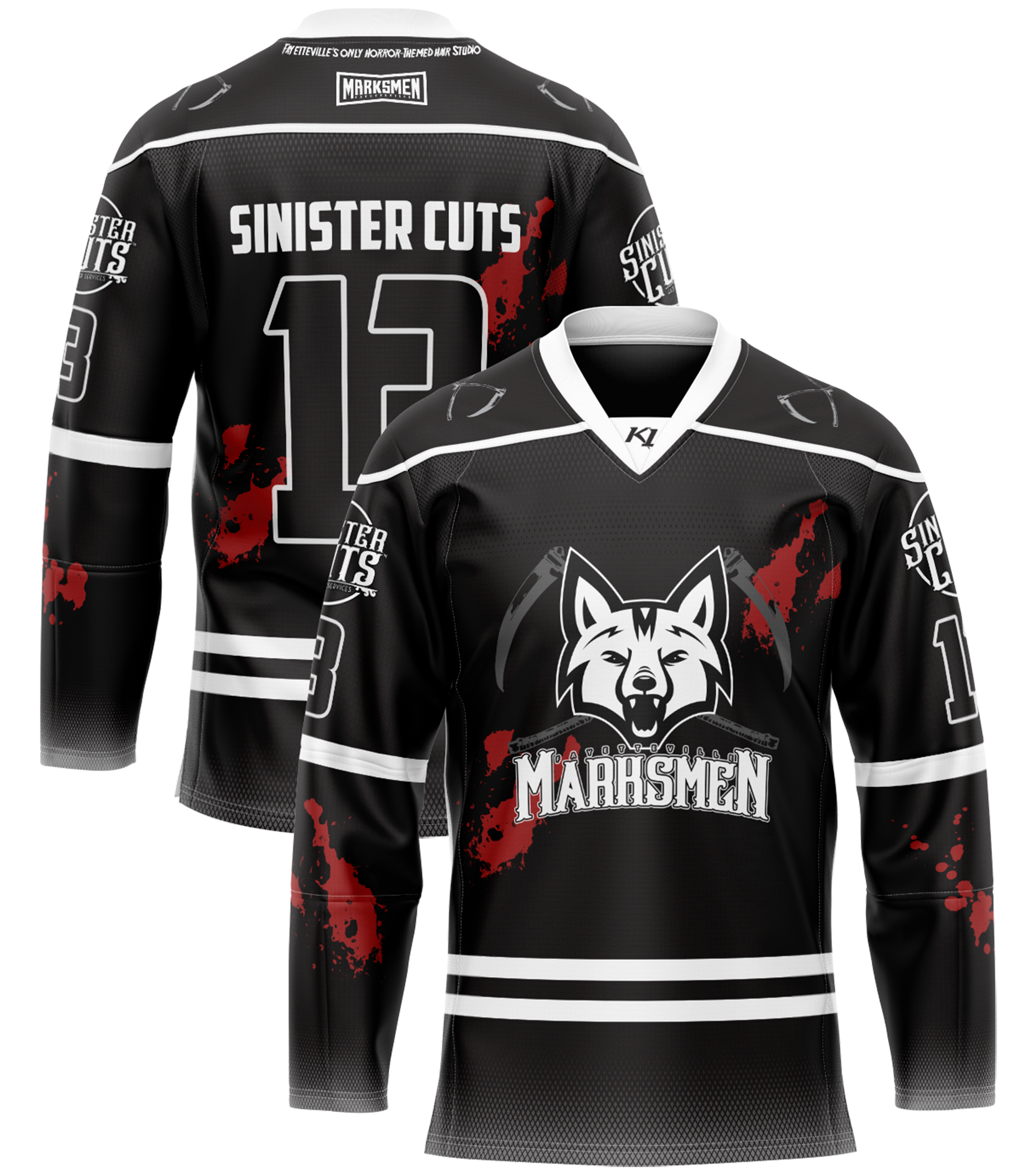 Two hockey jerseys with black and white colors and blood splatter design. The back of one jersey features the text 'SINISTER CUTS' and the number 15. The front of the other jersey displays a wolf head logo and the word 'MARKSMEN.' Both jerseys have patches and logos on the sleeves and shoulders.