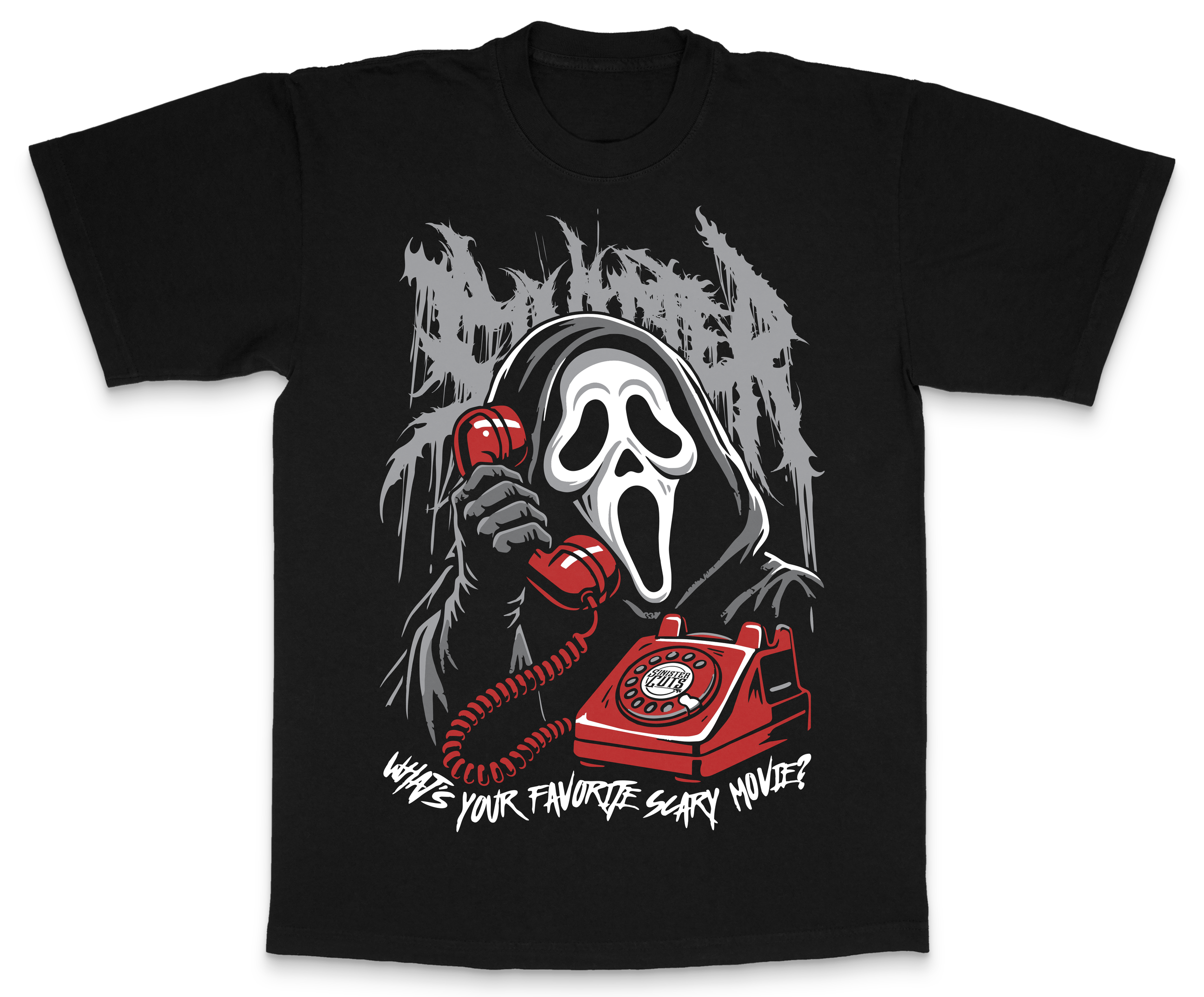 Black T-shirt featuring a graphic of a skull with a creepy face holding a vintage red rotary phone and a mic, accompanied by white text asking 'What's your favorite scary movie?'