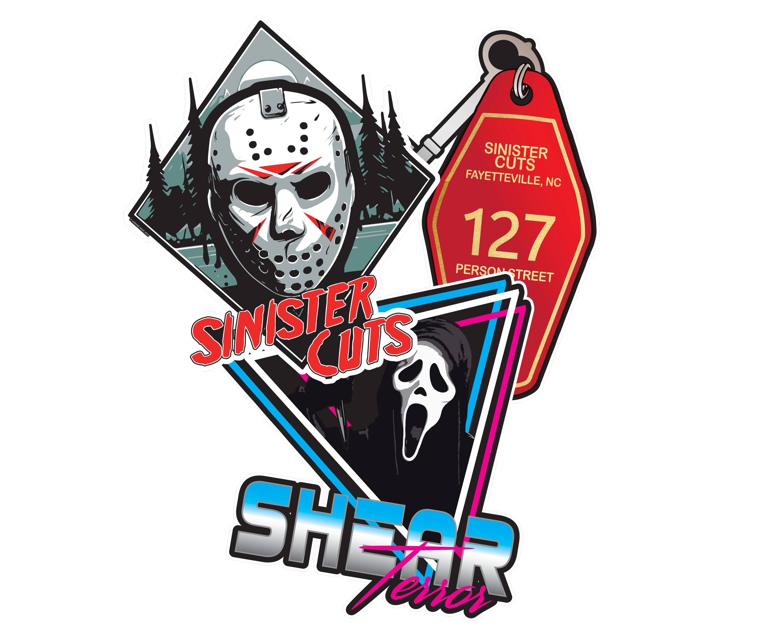 Graphic sticker featuring a menacing hockey mask character with dark eye holes and red markings, alongside a red road sign indicating 'Sinister Cuts Fayetteville, NC 127 Person Street' with stylized text and vibrant neon color accents.