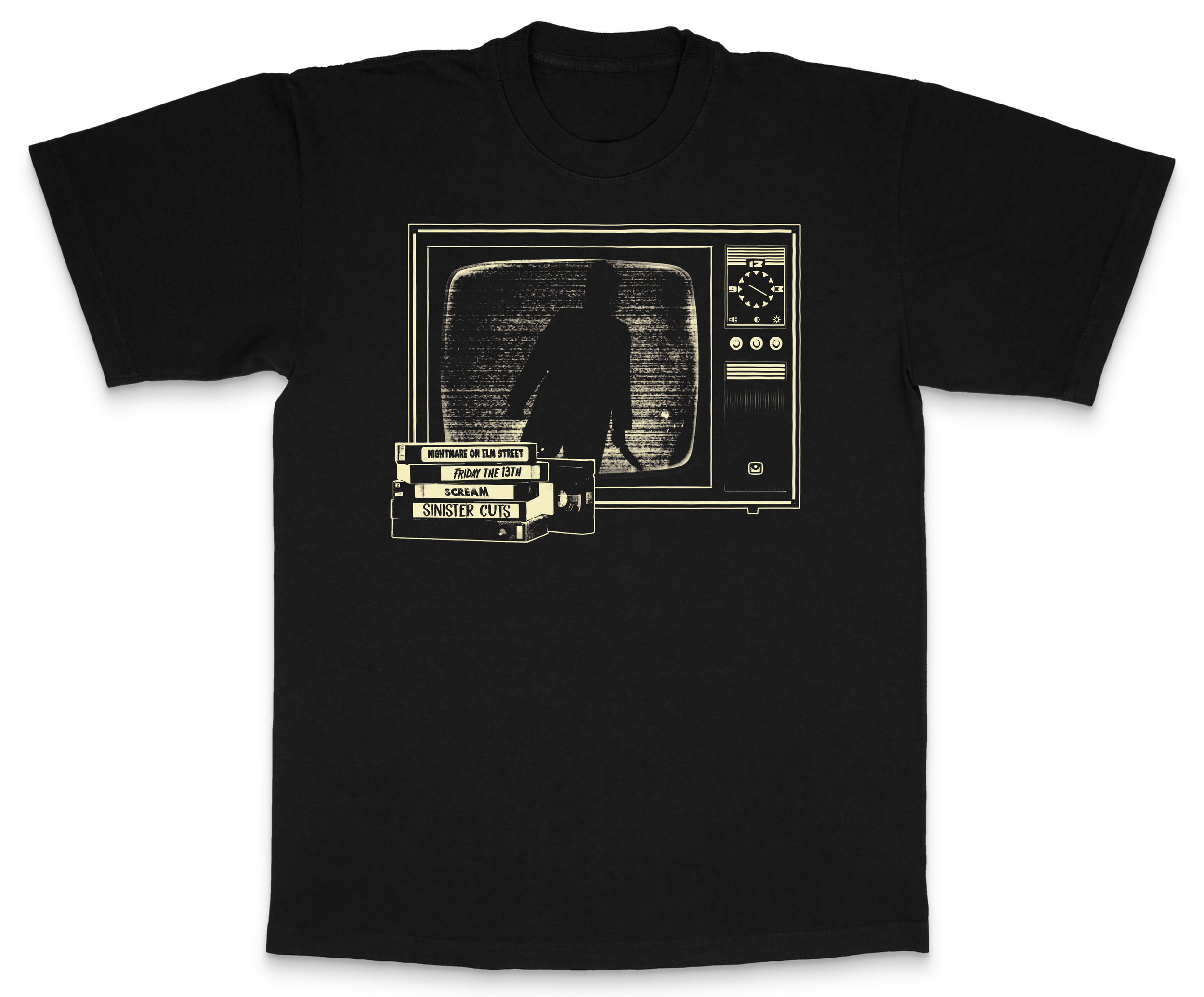 Black T-shirt with a graphic of a vintage television set showing a silhouette of a person walking, and text in a retro style.
