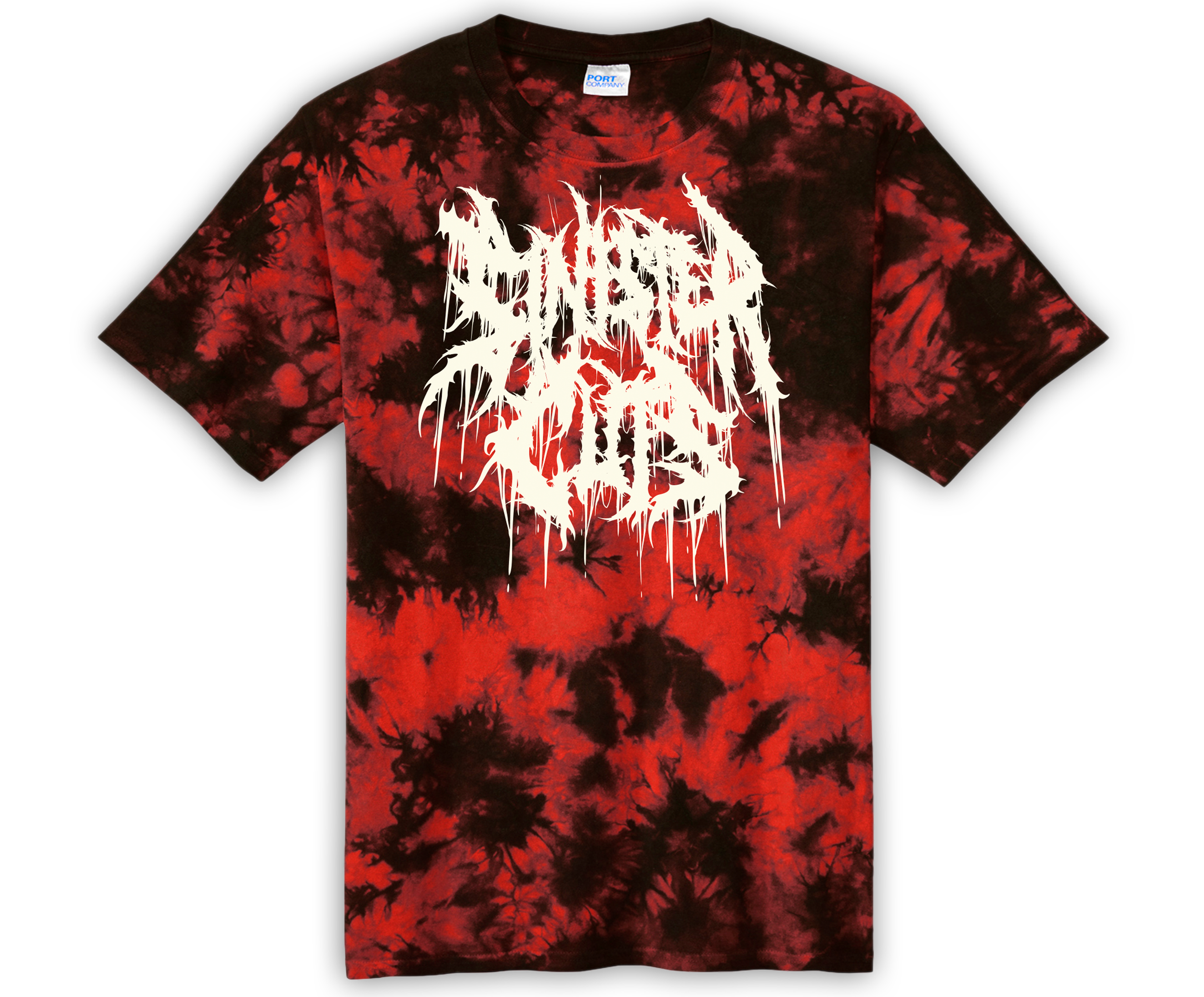 Red and black tie-dye T-shirt with white graphic text on the front.
