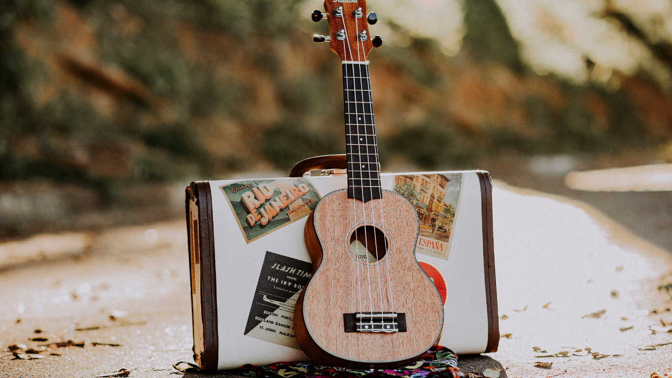 Ukulele resting against a vintage suitcase with travel stickers outdoors