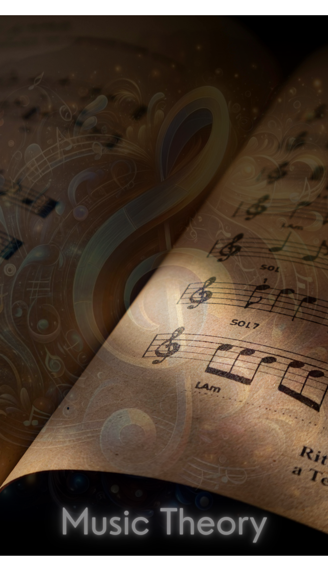 A close-up of sheet music with musical notes, accompanied by abstract musical notes and swirls in the background. The words "Music Theory" are displayed at the bottom.