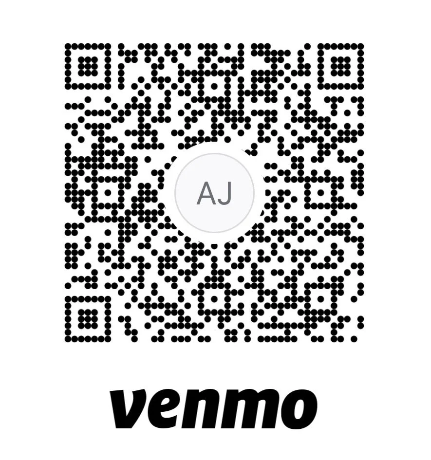 Venmo QR code with the name 'AJ' in the center and the Venmo logo below.