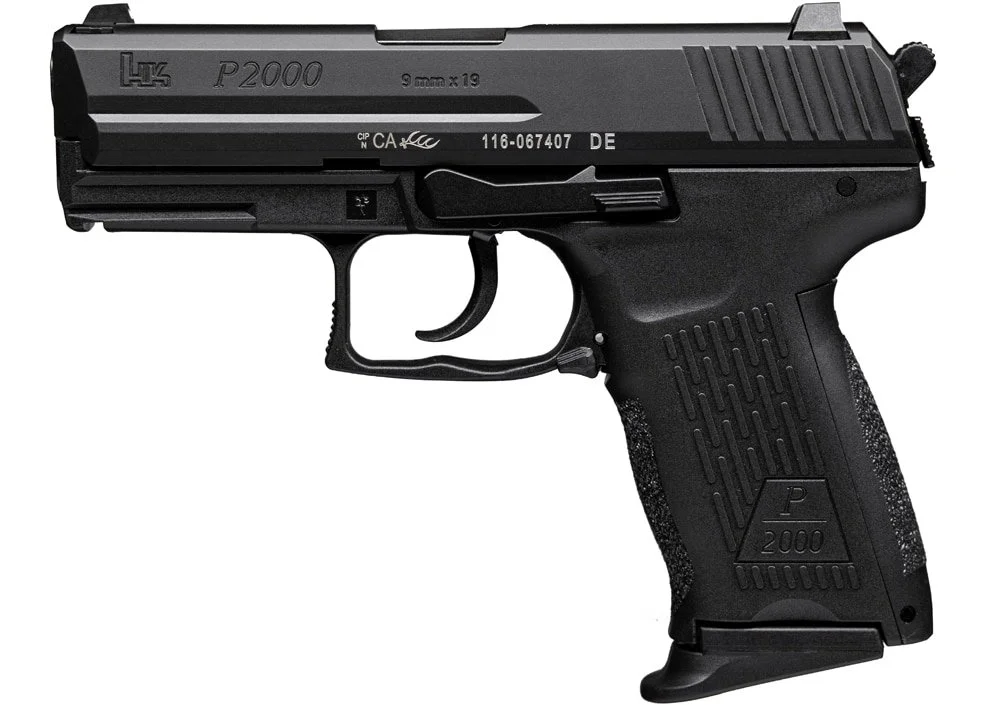 A black semi-automatic pistol with the markings "HK P2000" on the slide.