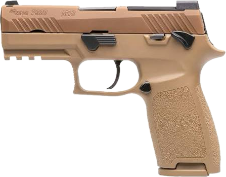 Tan-colored semi-automatic handgun with black trigger and slide release.
