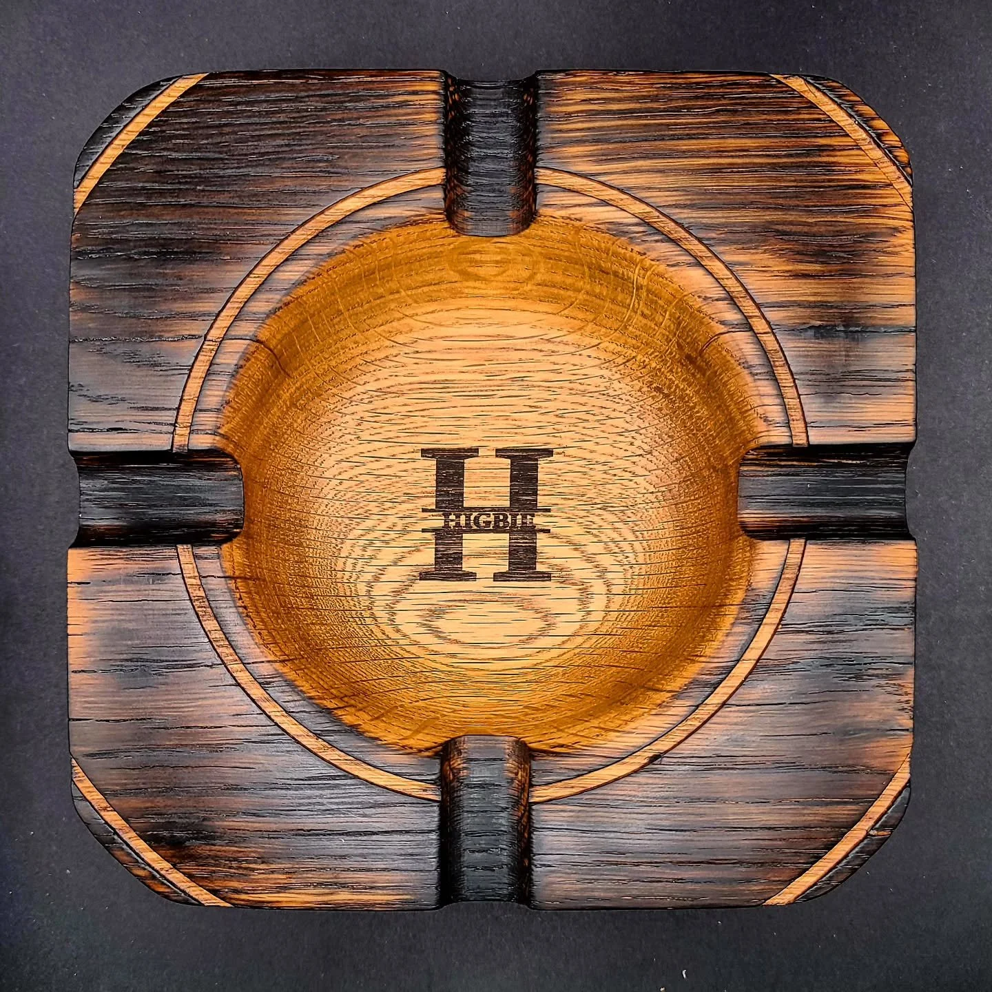 The Smoked Swamp Oak Cigar Ashtray 
.
Probably the heftyest ashtray I've made to date, about 3" thick and near 5 pounds. Made from some ancient Swamp Oak hunk that I've had since I started woodworking. It finally found its way to become somethin