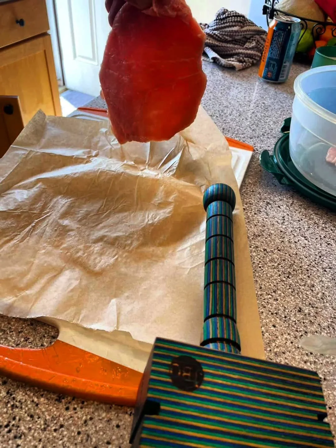 @alisssaxo_ Using her Land and Sea Spectraply Mini Mjolnir for a delicious Mother's Day meal! Got that cutlet so thin you can see the sunlight through it like a stained glass window pane.
.
Enjoy!
.
Want your own? Spectraply is available is tons of d