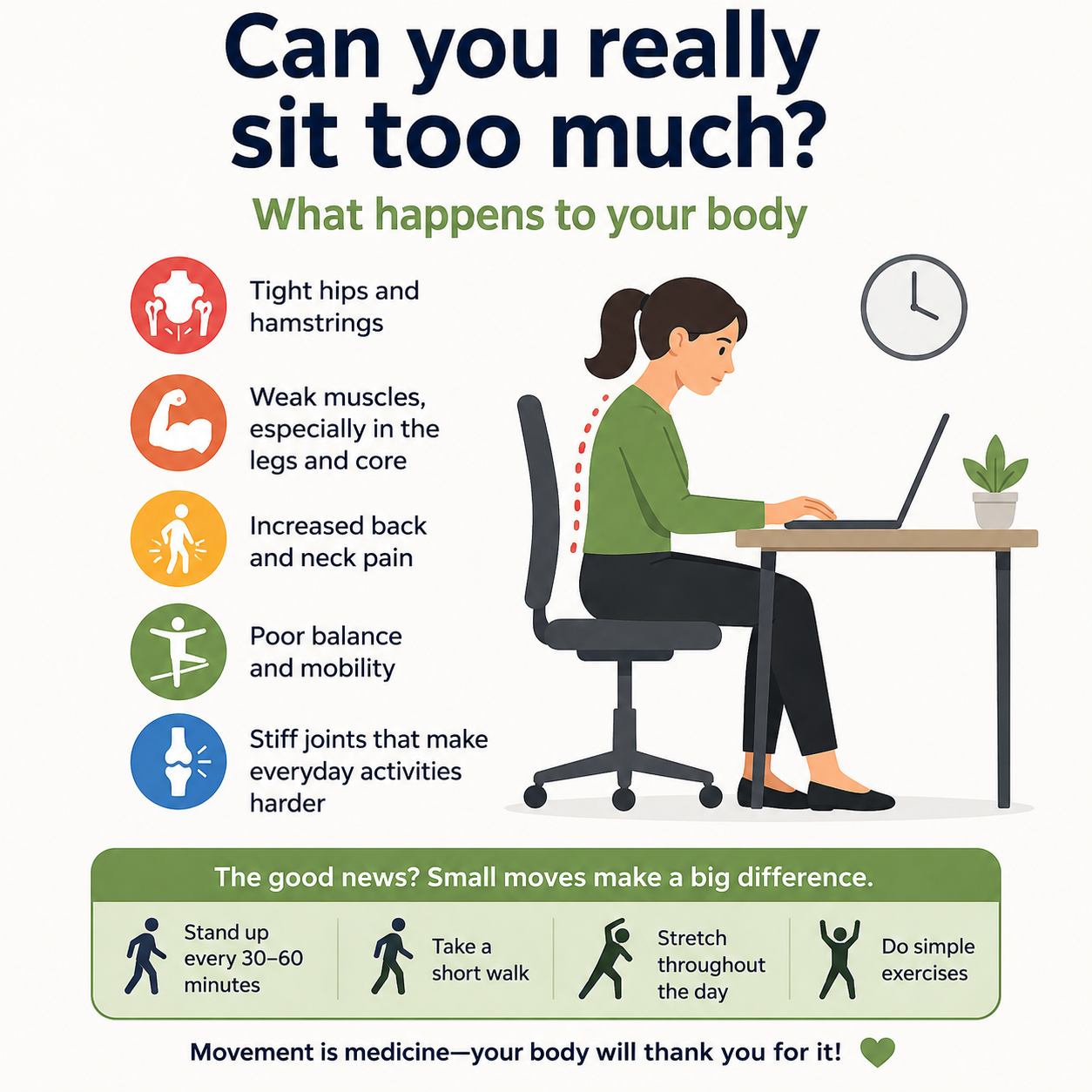Physical therapy infographic explaining how prolonged sitting affects mobility, balance, and joint health in adults.