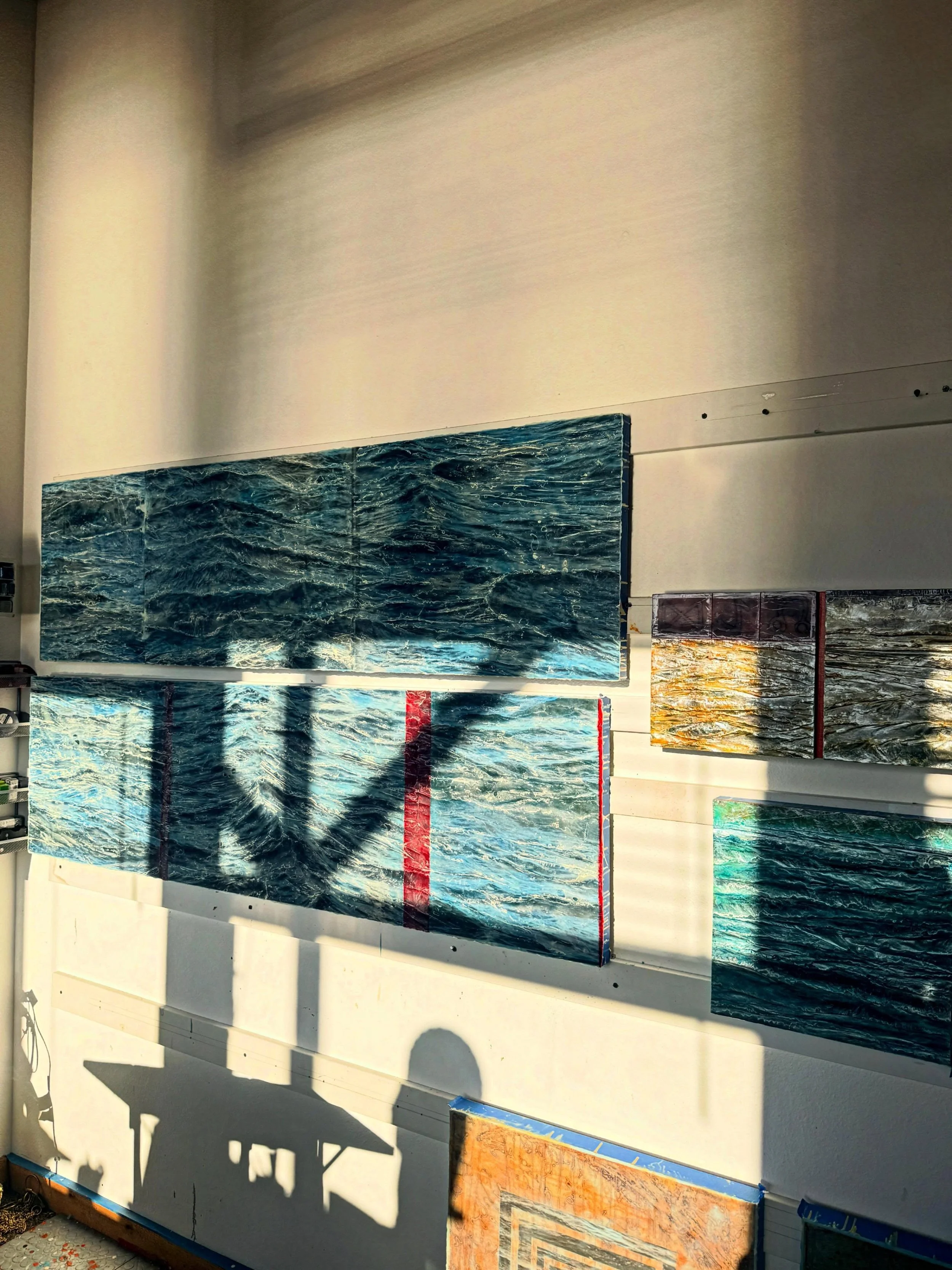 .
The light hazards of sunshine in a studio that hovers over the water at sunset. Well, that and the possibility of a tsunami. I&rsquo;ve been tempted to paint the shadows. Not complaining! 

Solar and privacy shades coming soon just in time for Summ