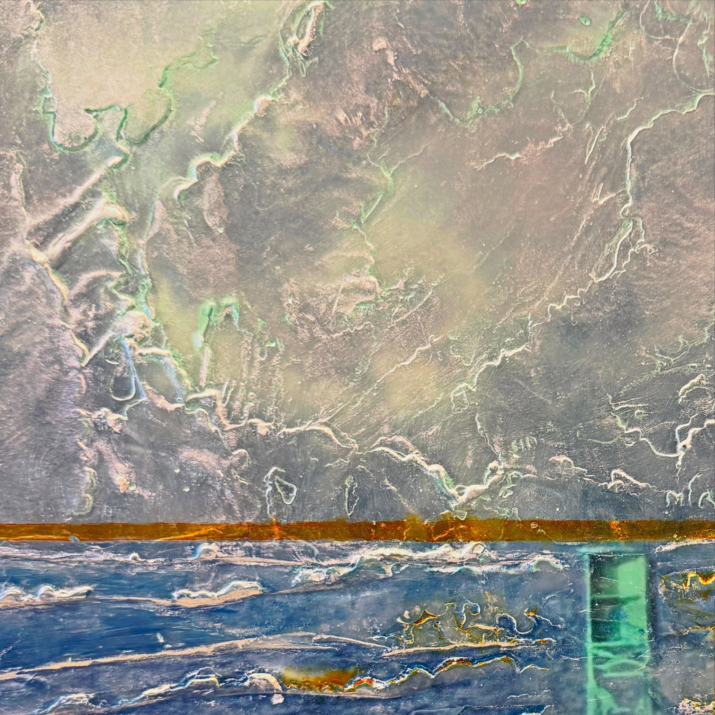 .
Detail of a finished encaustic and oil piece and its inspiration. If you squint you can see a bald eagle on the buoy out my window. 

This and several others will be part of my show &ldquo;Finding Buoyancy&rdquo; this coming September @imogengaller