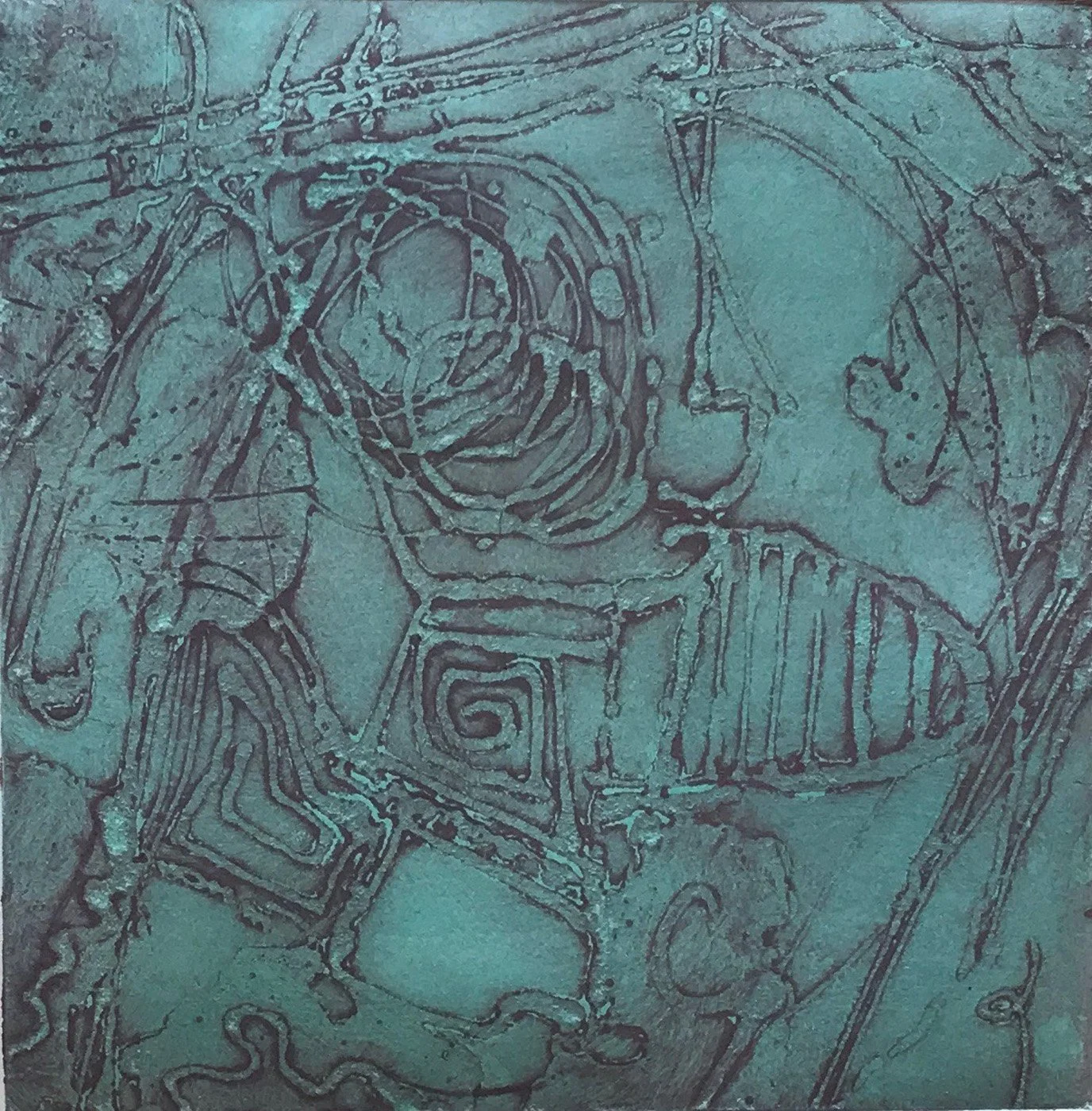 Sketch of a person's face in profile with abstract lines and patterns.