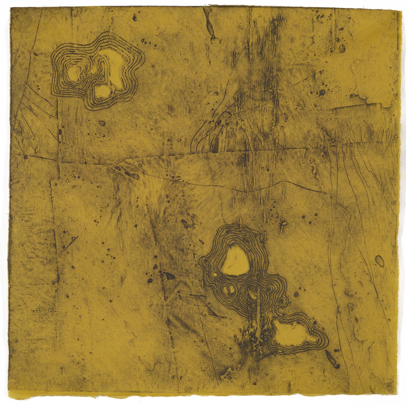 Aerial view of a yellow landscape with contour lines and small topographical features.