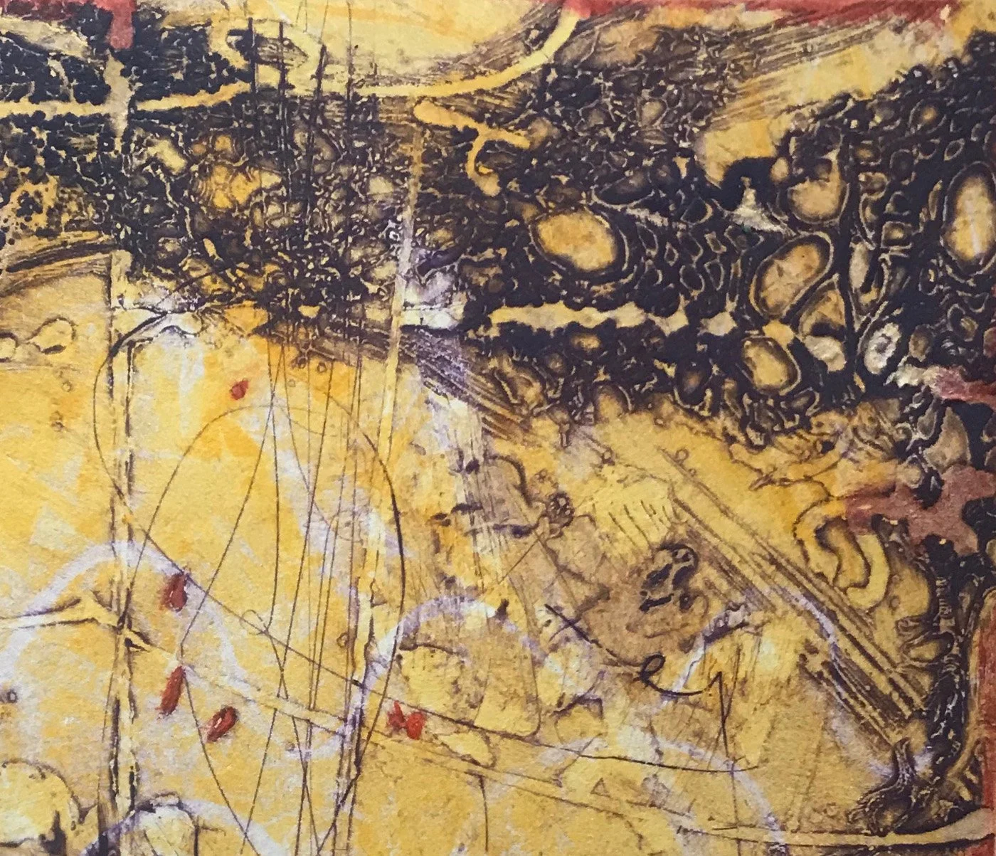 An abstract painting with yellow, black, and red colors. Features include dark swirling patterns, lines, and shapes, with some red accents and textured black areas.