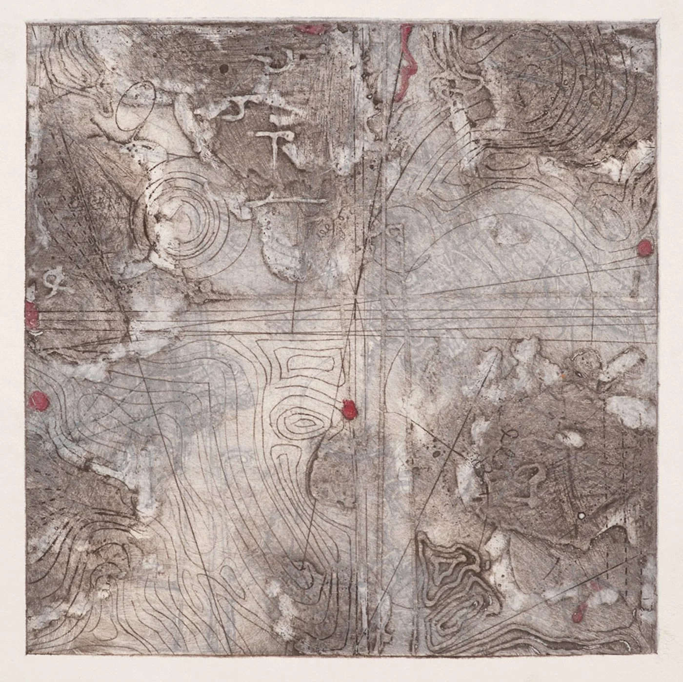 An old, weathered map with topographic lines, faded markings, and scattered red dots, appearing to be a historical or navigational chart.