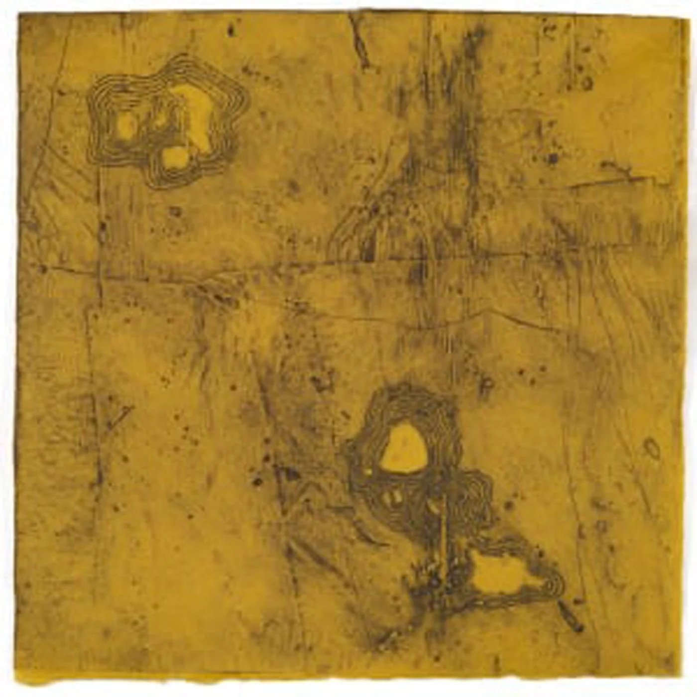 Old, yellowed paper with faint sketches of a face and some geometric shapes.