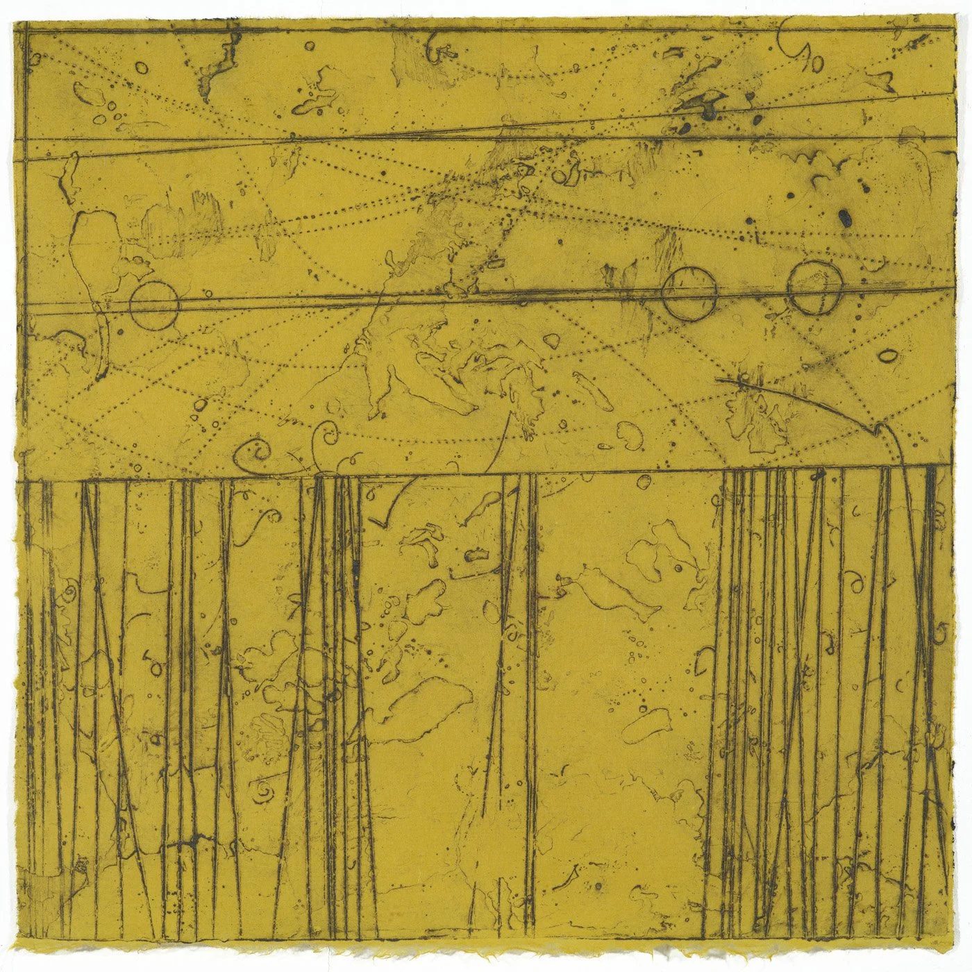 Sketch of a map of the world on yellow paper with lines and circles, part of a construction or artistic blueprint.