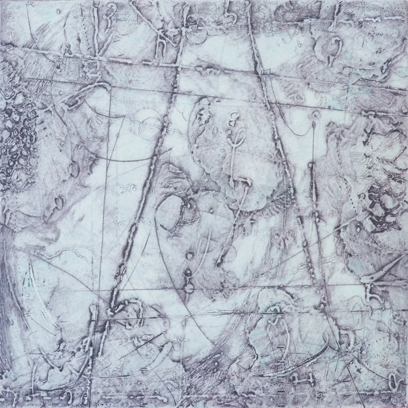 A textured abstract drawing with various lines, shapes, and patterns, creating a complex, layered appearance.