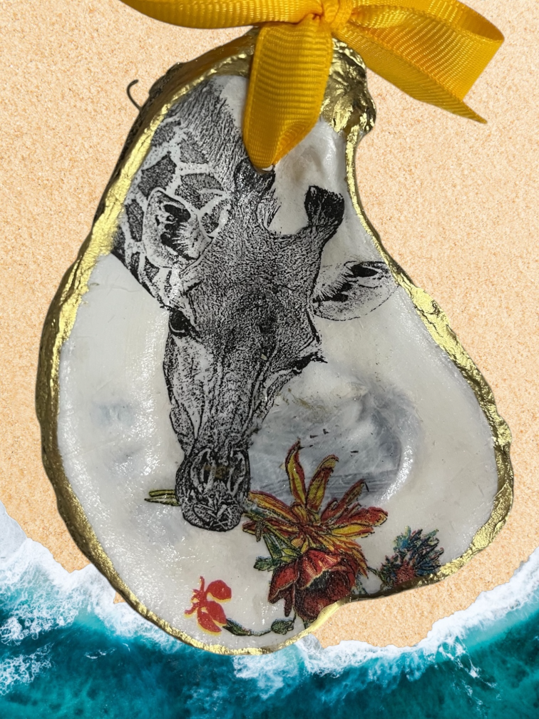 Giraffe Smelling Flowers Oyster Shell Ornament