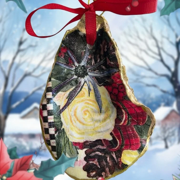 Floral and Plaid Decorative Shell Oyster Ornament