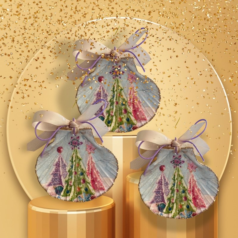 Pastel Christmas Trees Decorative Shell Ornament Front
