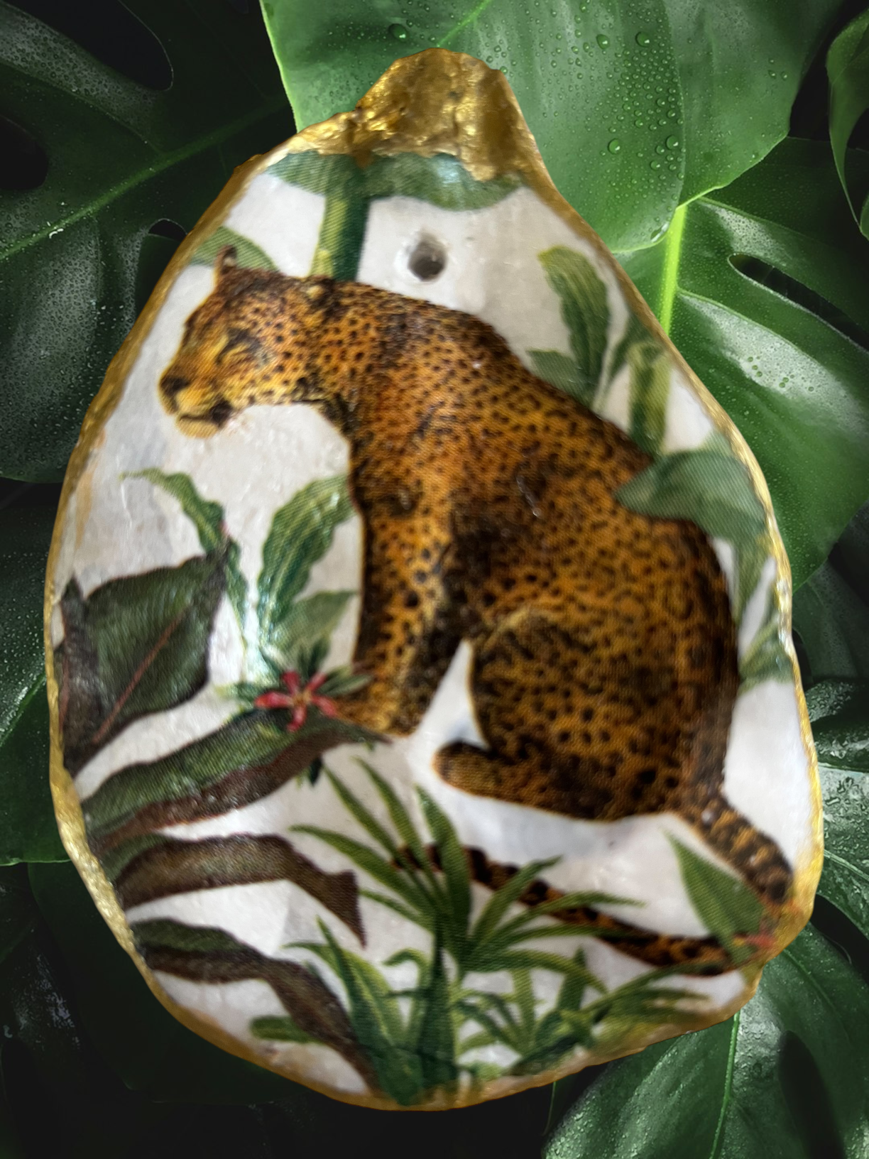 Leopard with Leaves Oyster Shell Ornament Facing Left