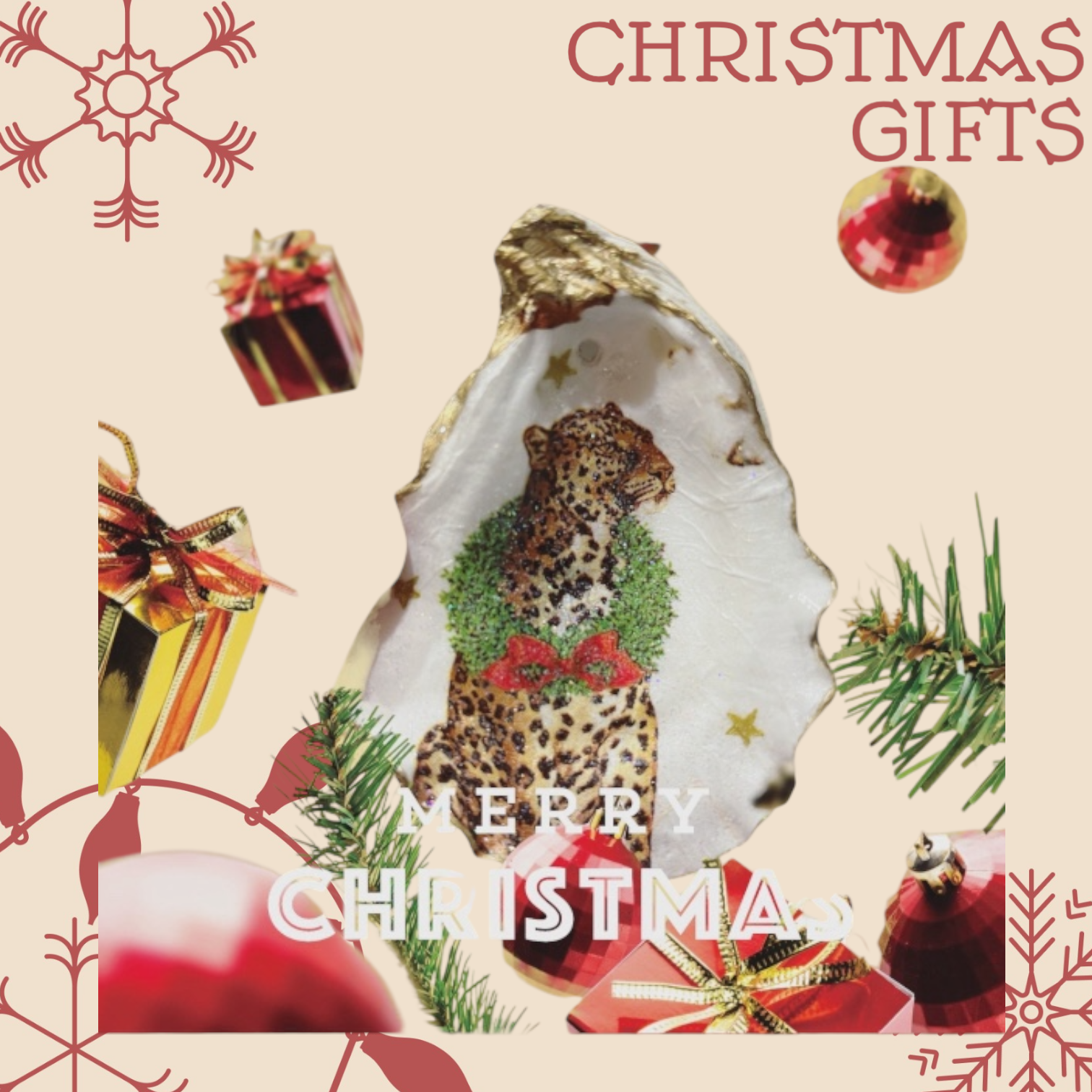 Cheetah Holiday Oyster Shell Ornament