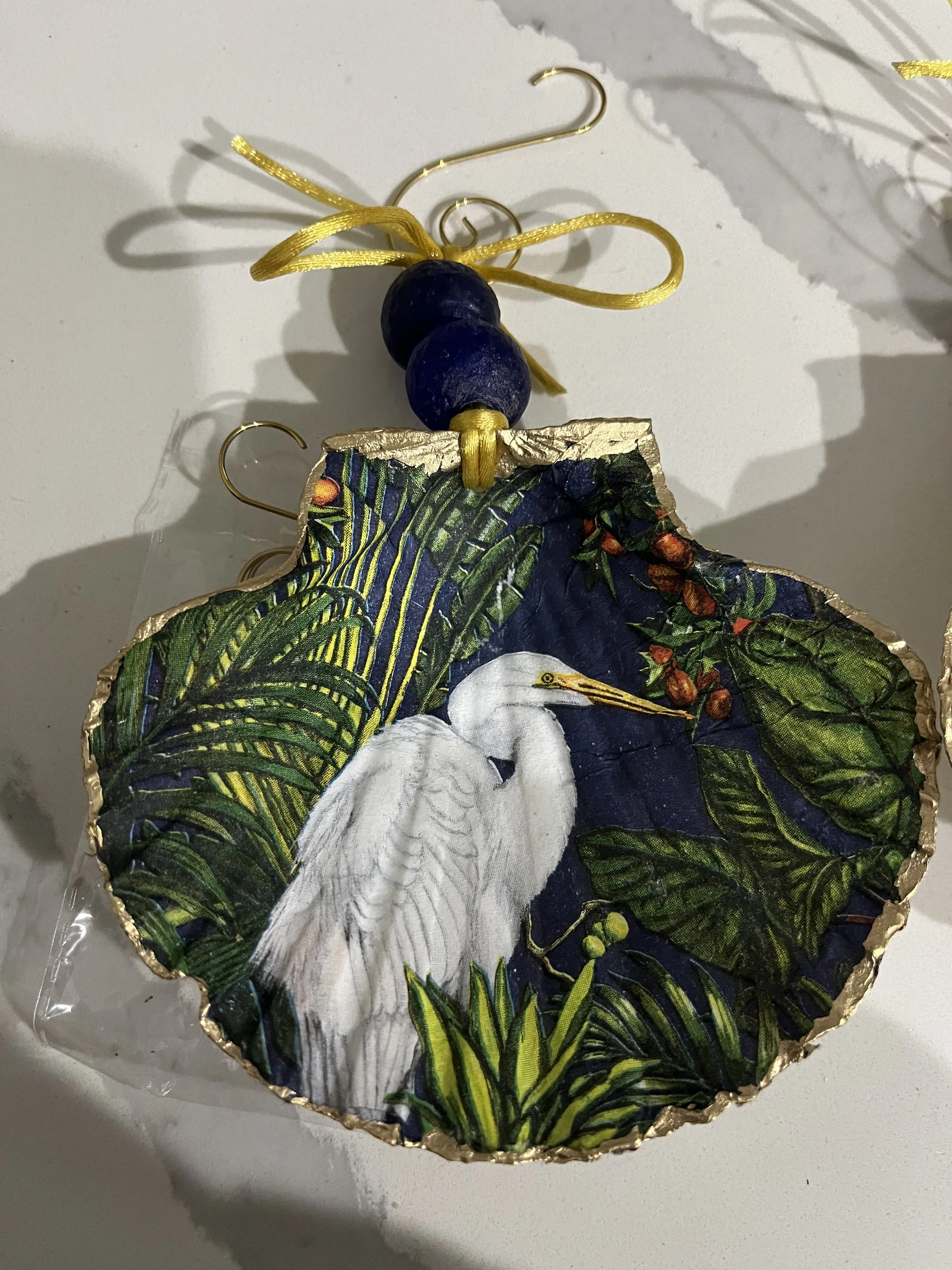 White Heron Scallop Shell Ornament Front
