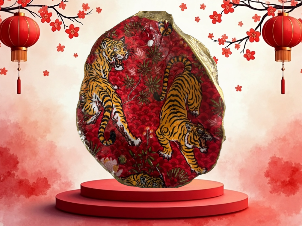 Tiger Chinoiserie Oyster Shell Jewelry Dish