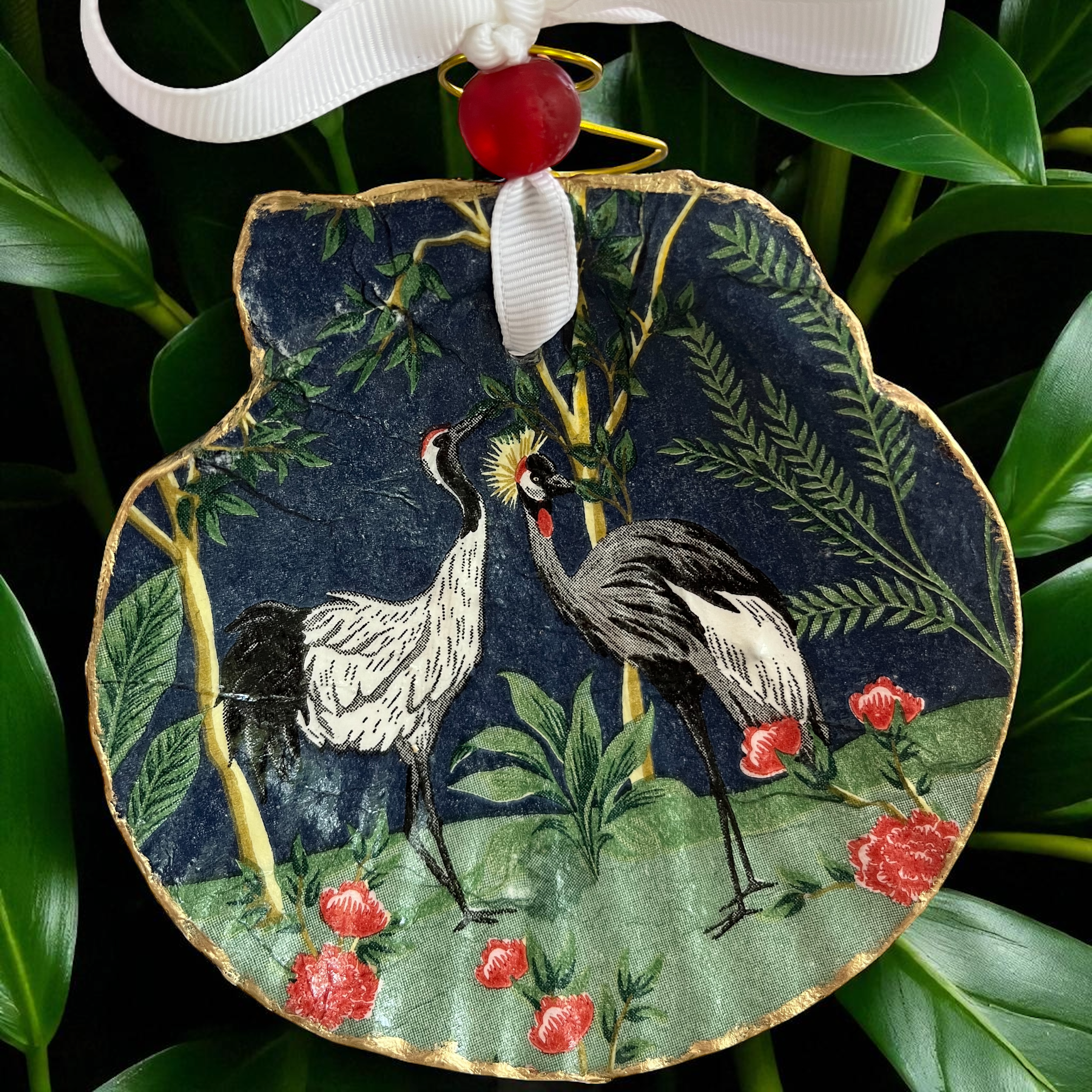 Pair of African Crown Cranes Scallop Shell Ornament