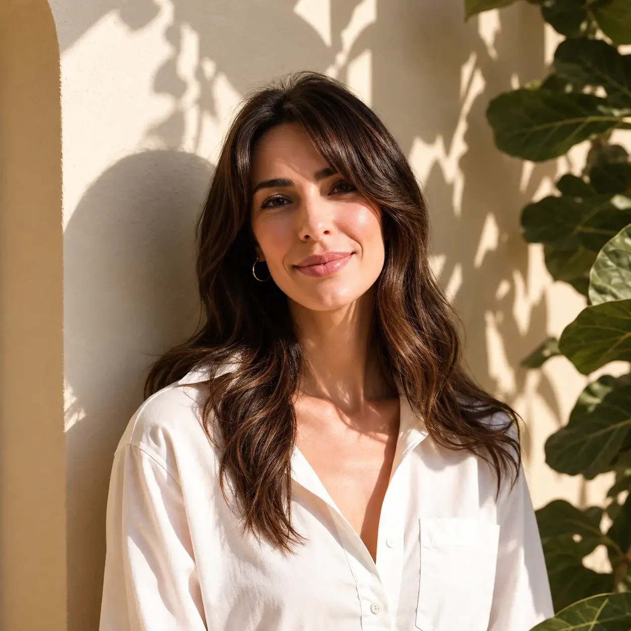 A woman with long brown hair, wearing a white shirt, smiling, standing in sunlight next to a wall and green leafy plant.