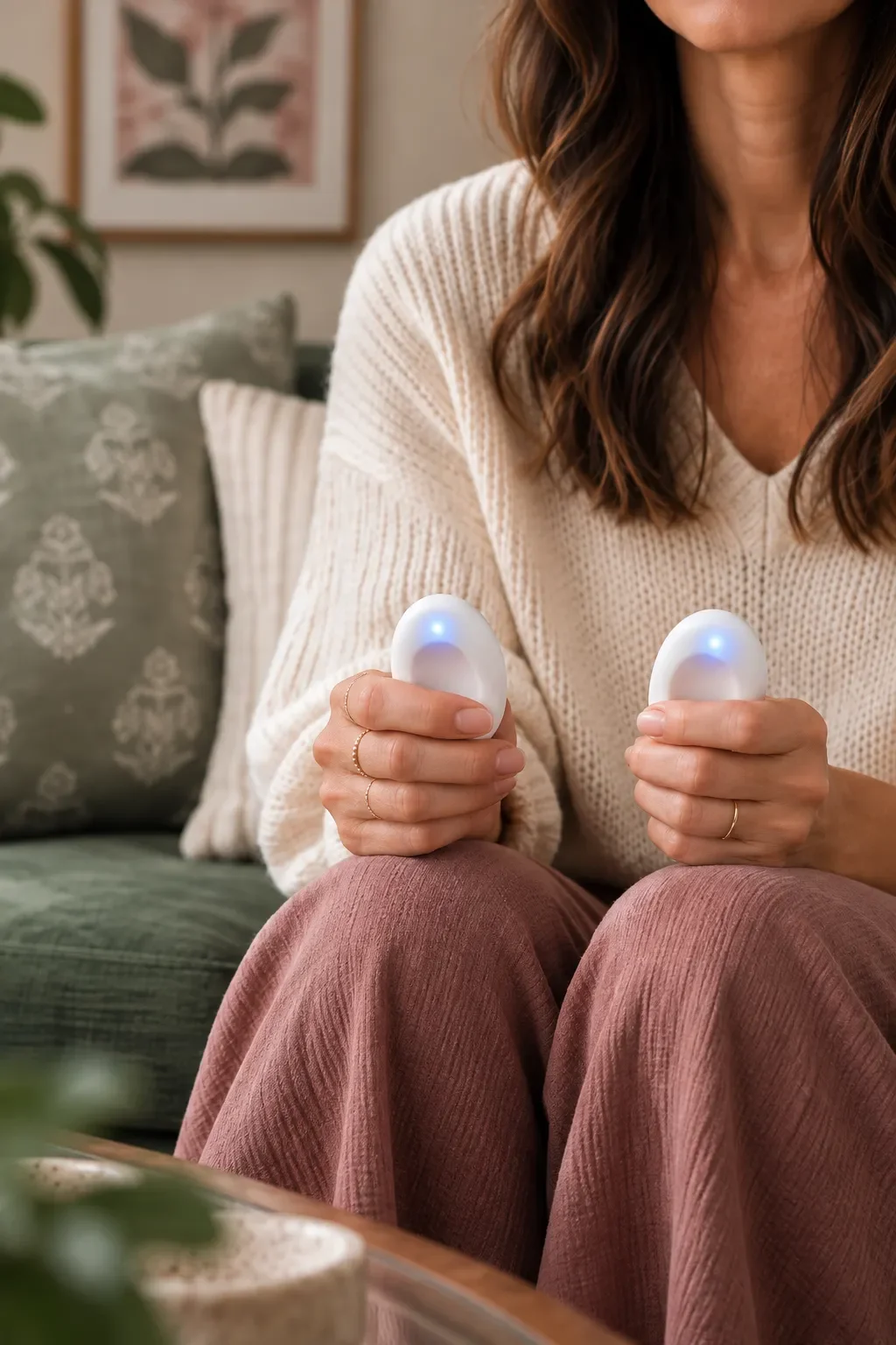 A woman sitting on a couch holding two massage devices with blue lights, wearing a cream sweater and pink pants, in a cozy living room with pillows and framed wall art.