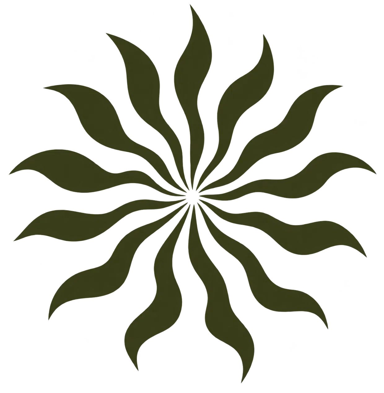 A symmetrical, abstract pattern resembling a stylized plant or flower with elongated, wavy, dark green leaves radiating from a central point.