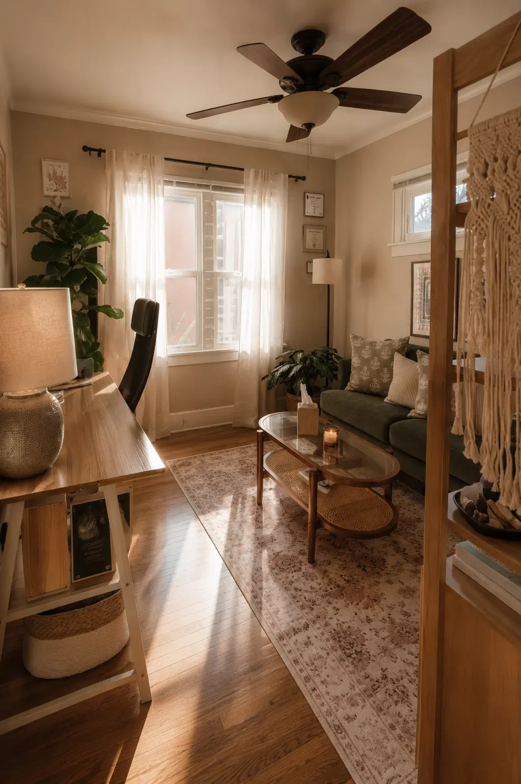 A cozy living room with a wooden floor, beige walls, and natural light coming through two windows with white curtains. There's a dark green sofa with patterned pillows, a round coffee table with candles and tissues, a white floor lamp, potted plants, framed artwork on the walls, and a ceiling fan. A wooden shelving unit with decorative items is partially visible on the right side.