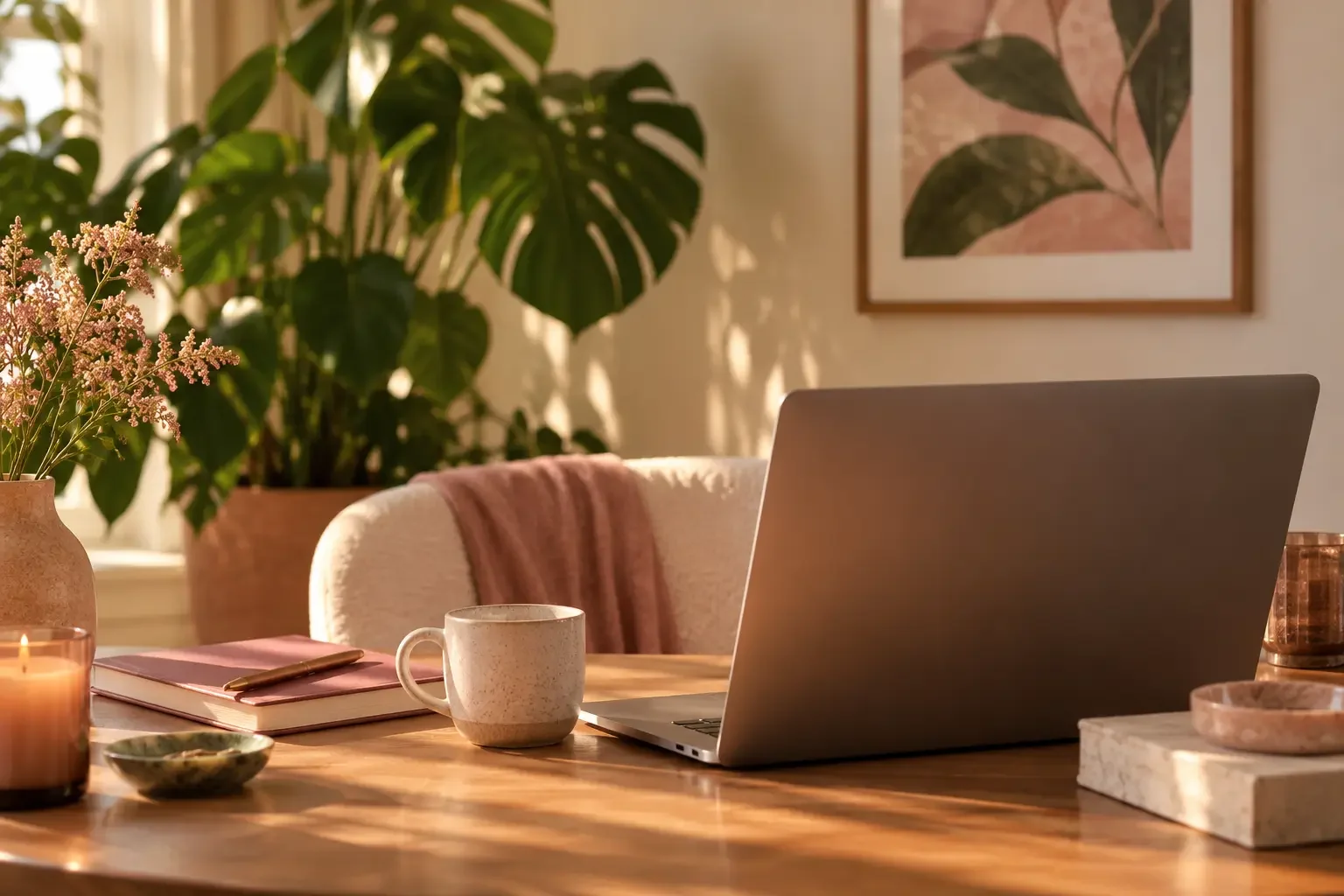 A cozy home workspace with a laptop, a notebook, and a coffee mug on a wooden table, decorated with a vase of pink flowers, in front of a large green plant and framed botanical art, illuminated by warm natural light.
