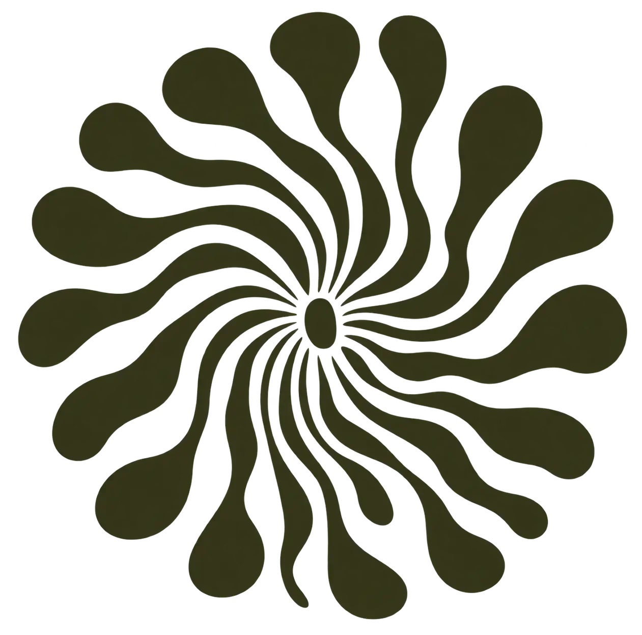 Abstract black and olive green spiral pattern with teardrop shapes radiating from the center.