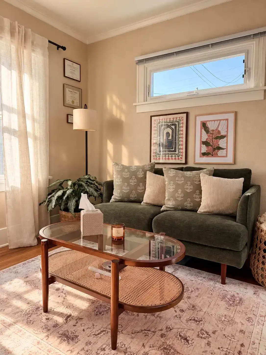 A cozy living room featuring a dark green sofa with patterned and striped pillows, a wooden glass coffee table, a potted plant, a floor lamp, framed artwork on the wall, cream-colored curtains, a beige wall, a window showing a clear blue sky, and a patterned area rug.