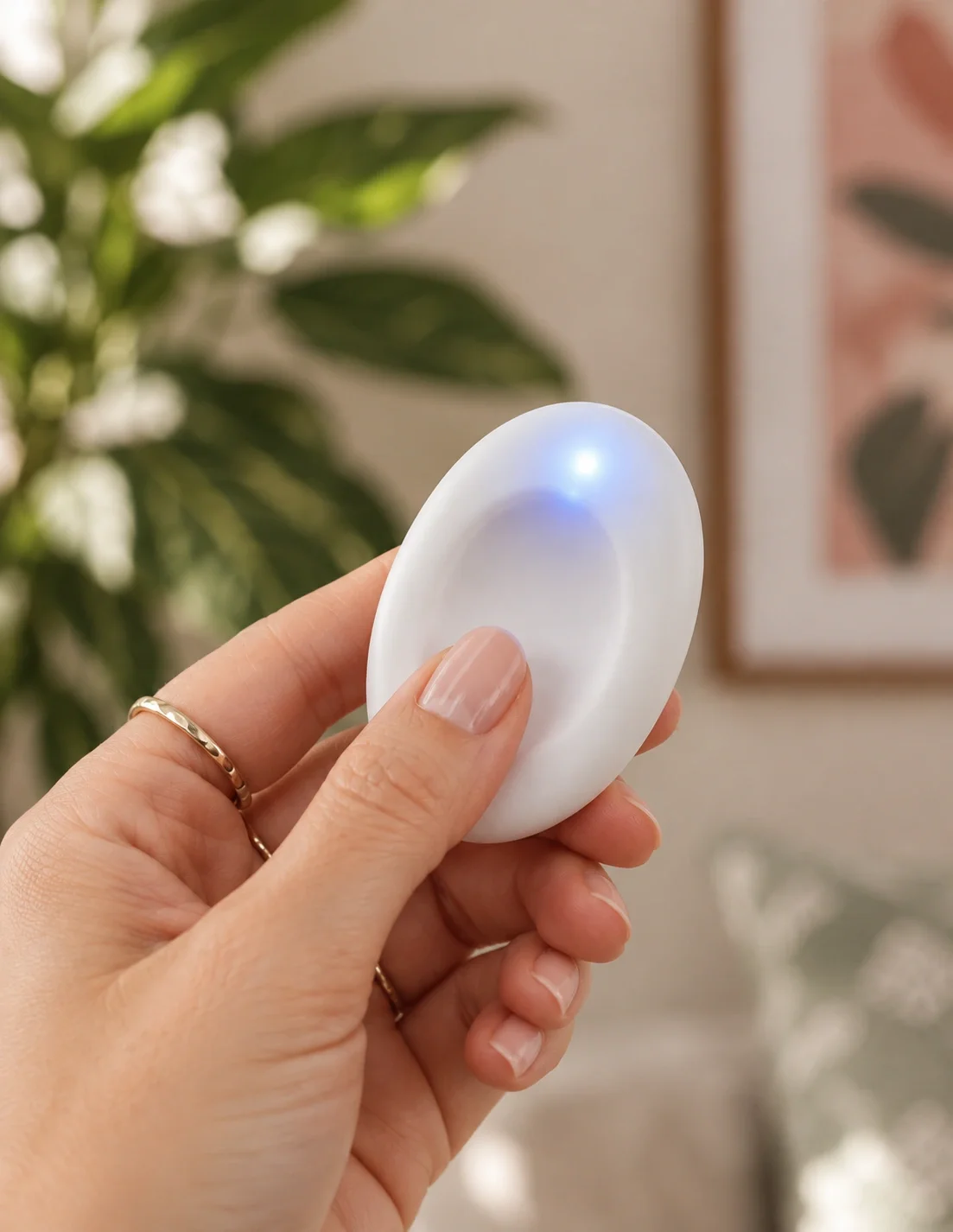 Person holding a small white electronic device with a glowing blue light, in front of a blurred indoor background with green plants and framed artwork.