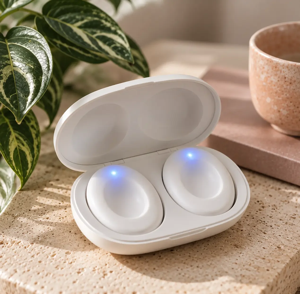 Wireless earbuds in charging case with blue LED lights, placed on a beige textured surface next to a pink cup and green leafy plant.